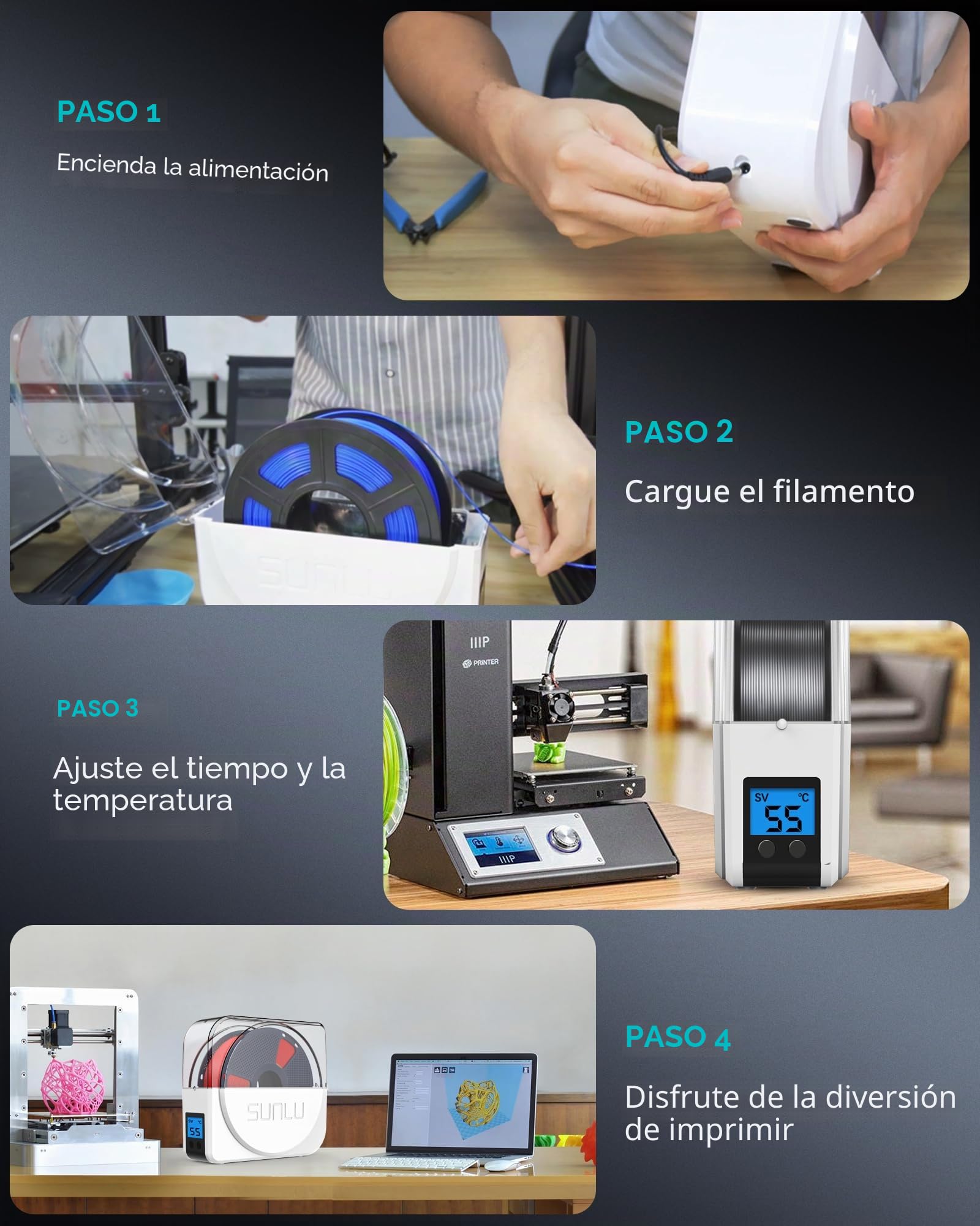SUNLU Secador S1 Plus con Ventiladores para Filamento 3D PLA/PETG/TPU/ABS, Apto para 1.75mm/2.85mm/3.00mm FDM (Blanco)