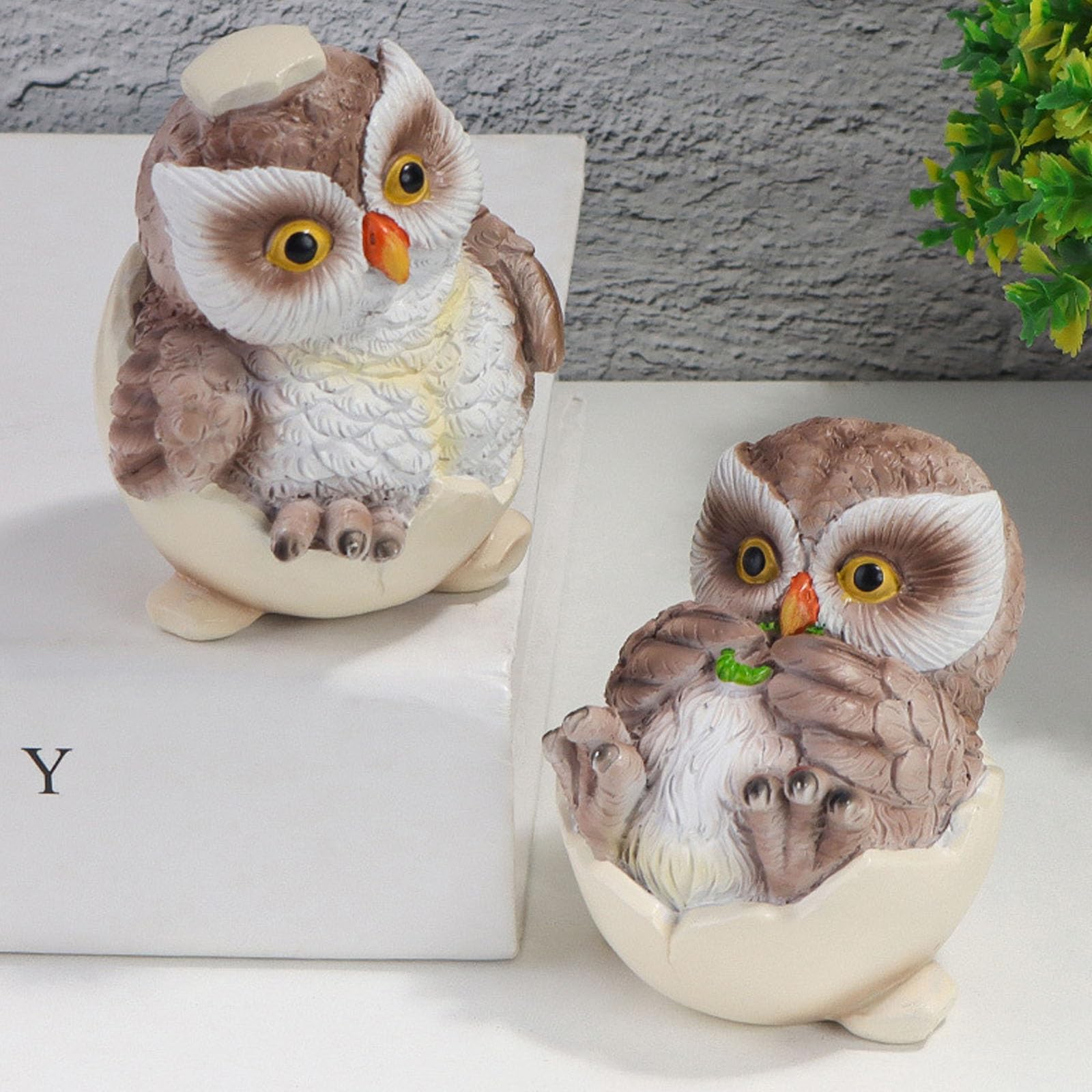 2 Piezas en estatuilla acostada, decoración de Escritorio de cáscara de Huevo, búhos de Resina Pintados a Mano en Miniatura, Lindo Adorno de búho de cáscara de Huevo, para Sala de Estar y Oficina
