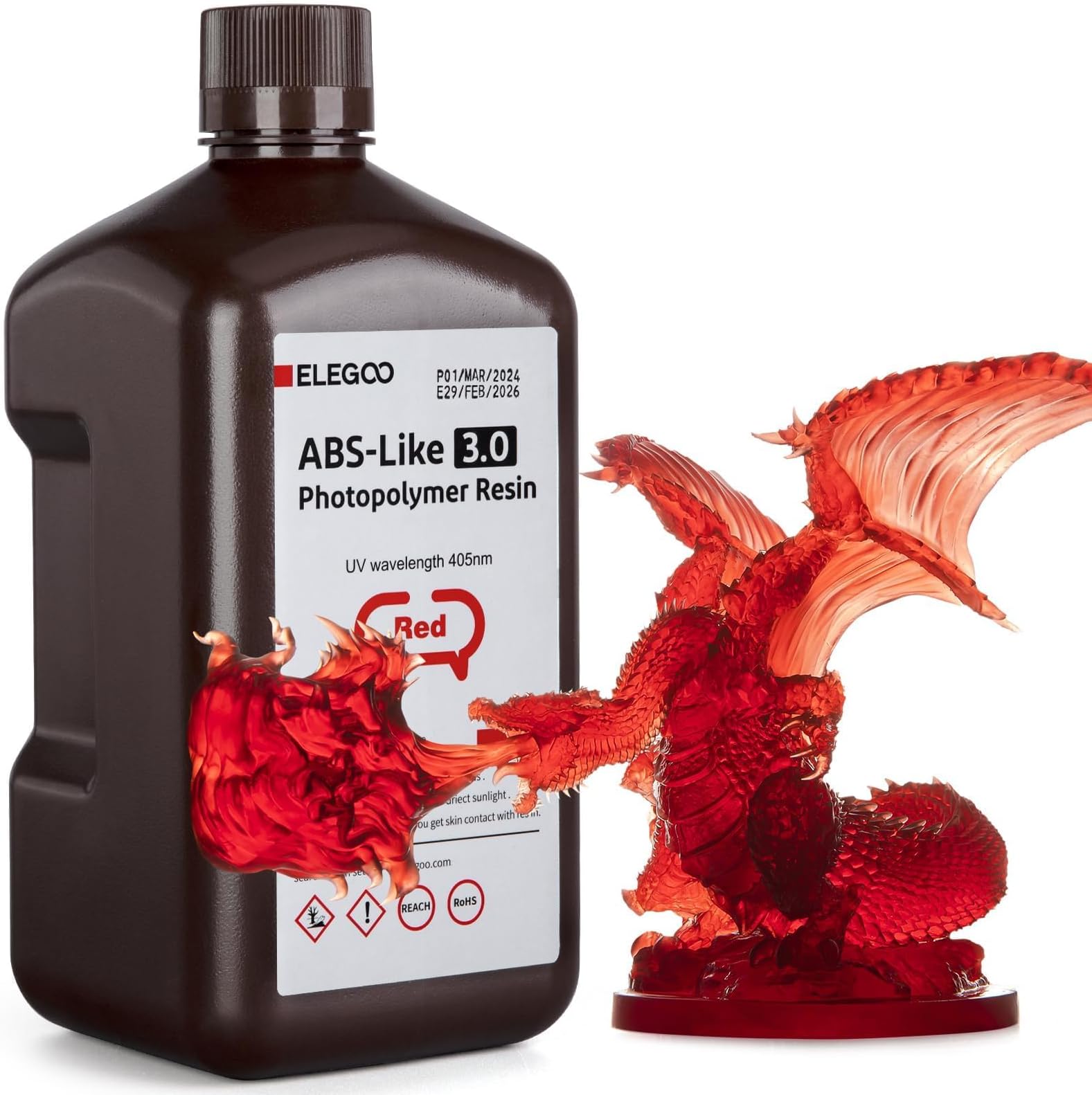 ELEGOO ABS-Like 3Dプリンター用樹脂3.0、405nm UV硬化型フォトポリマー樹脂 LCD/DLP 3Dプリント用、強化強度と靭性、高精度、低粘度、クリアレッド 2000g
