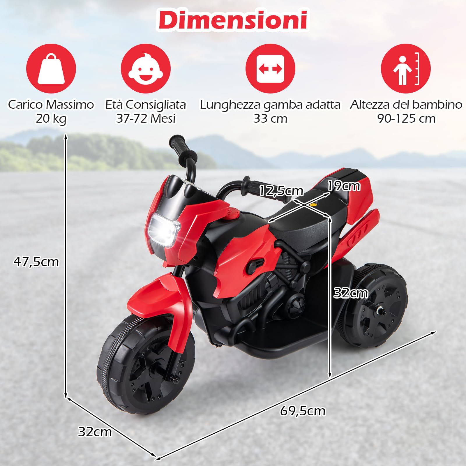 COSTWAY 6V Moto Elettrica per Bambini, Moto a 3 Ruote con Fari LED, Pedale a Piedi, Veicolo Elettrico a Batteria per Bambini 37-72 Mesi (Rosso)
