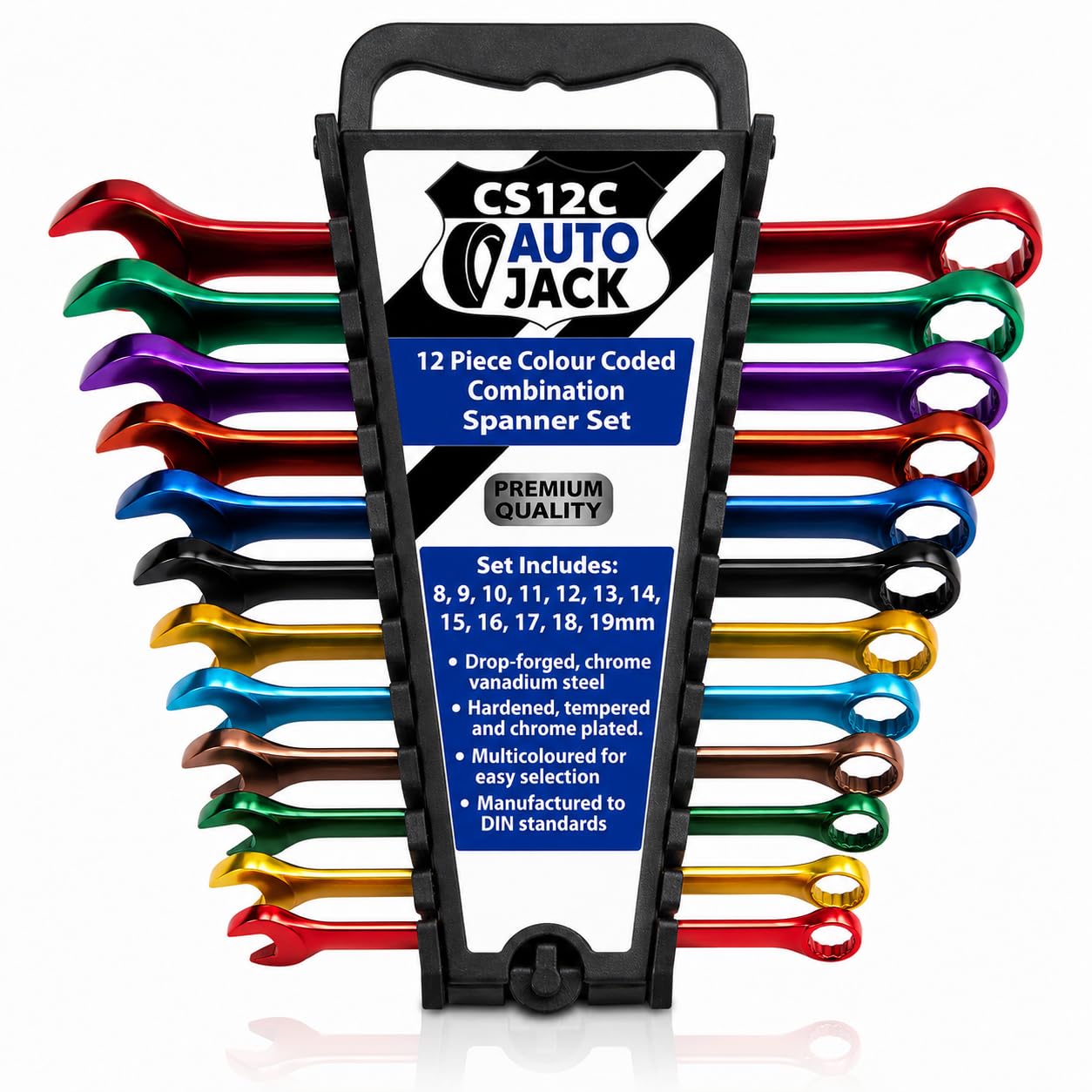 Autojack Multi Coloured 12Pc Metric Spanner Set Coloured Combination Ring Spanners 8-19Mm