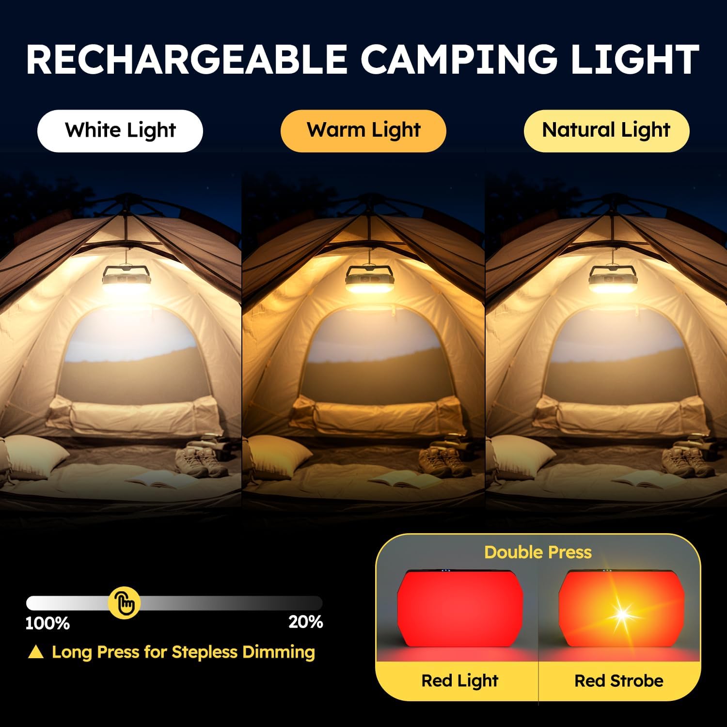 Camping Lights 2Pack, 3 Color Temps Tent Light, 6000mAh Rechargeable Camp Light, Canopy Lights Outdoor, Magnetic Waterproof Camping Essentials for Hurricane, Emergency Power Outages, Work