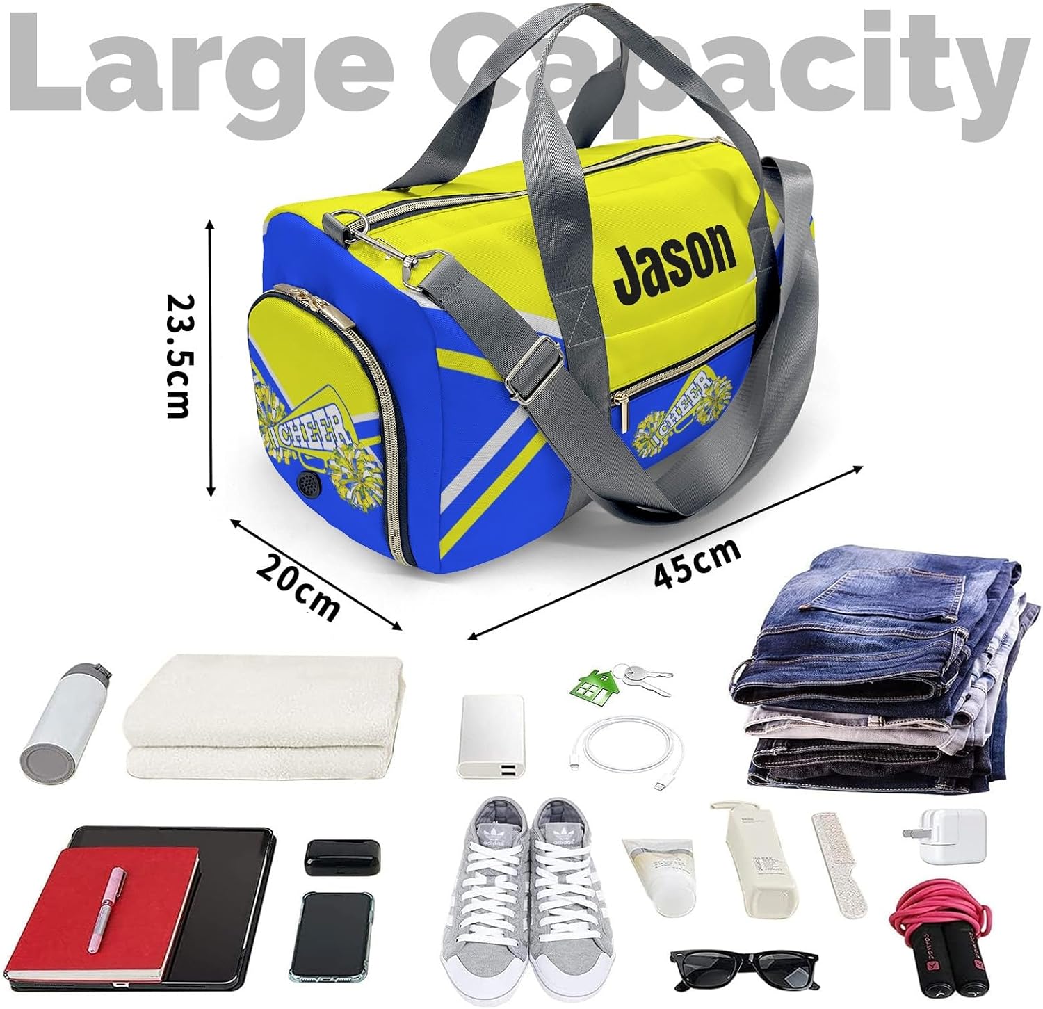 Cheer Personalized Cheerleader Sport Duffel Bags,Customized Waterproof Gym Travel Duffel Bag with Trolley Sleeve Duffel Bags for Men Women,Shoulder Bag with Shoe Compartments .(Yellow Blue)