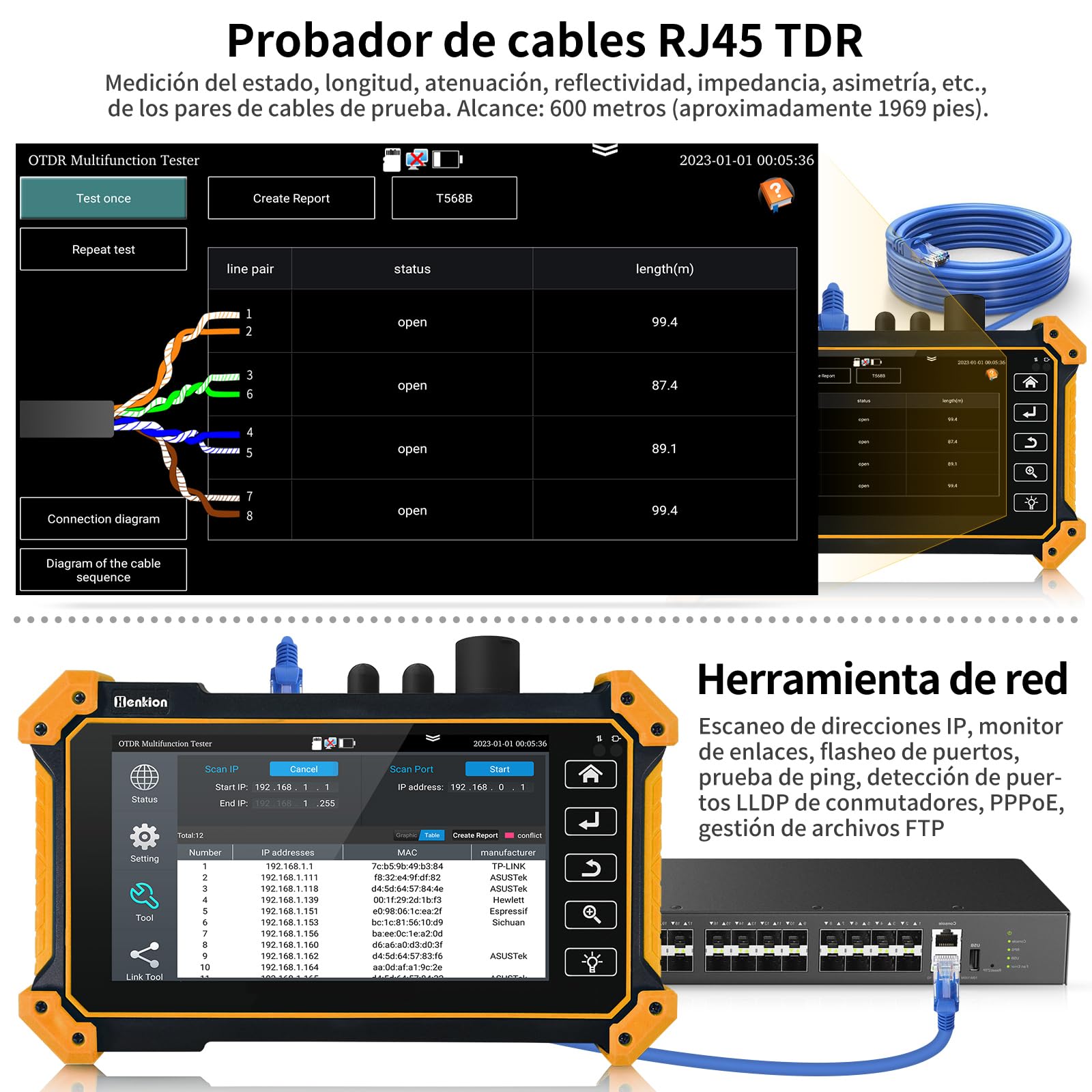 Henkion OTDR Fiber Optic Tester 1610nm 26dB - Comprobador de fibra óptica 1310/1490/1550/1577nm Prueba de fibra óptica en vivo OPM LS OLS, Event Map, comprobador de cables, herramientas de red, 8