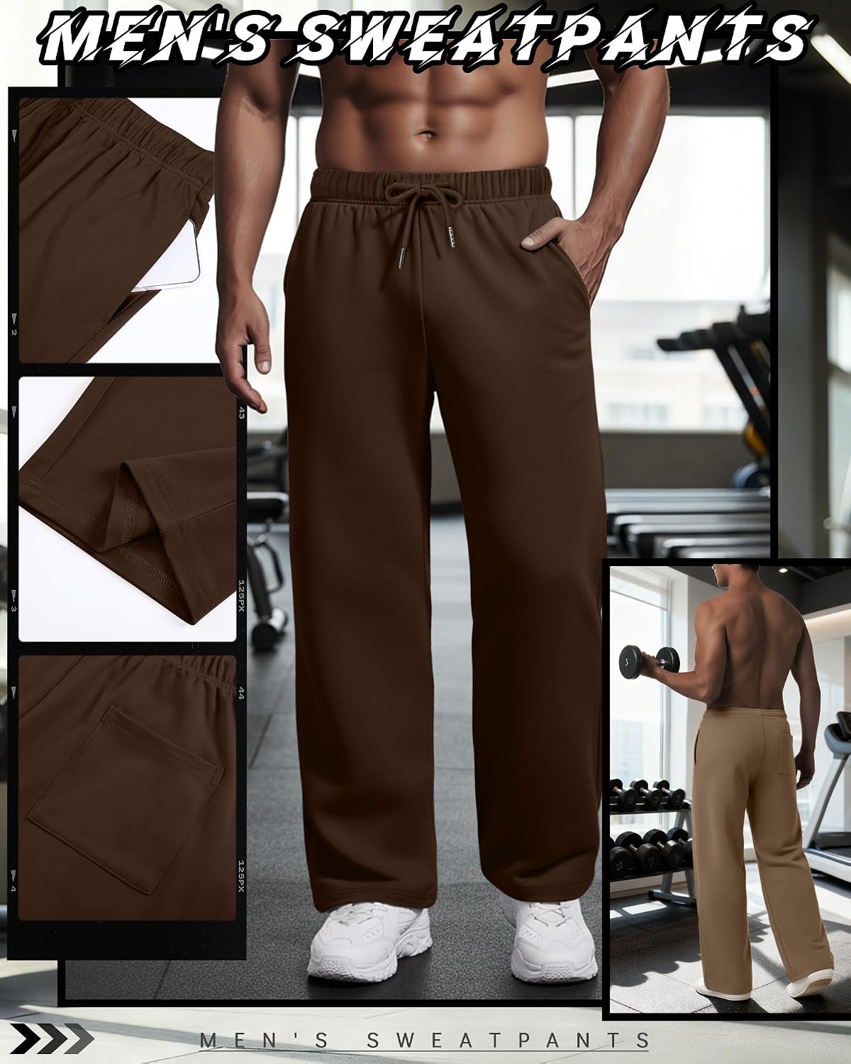 August Alley 3 Pack Men's Lightweight Lounge Pants Straight Leg Open Bottom Thin Baggy Drawstring Sweatpant with 3 Pockets(Brown, Camel, Black,Large)
