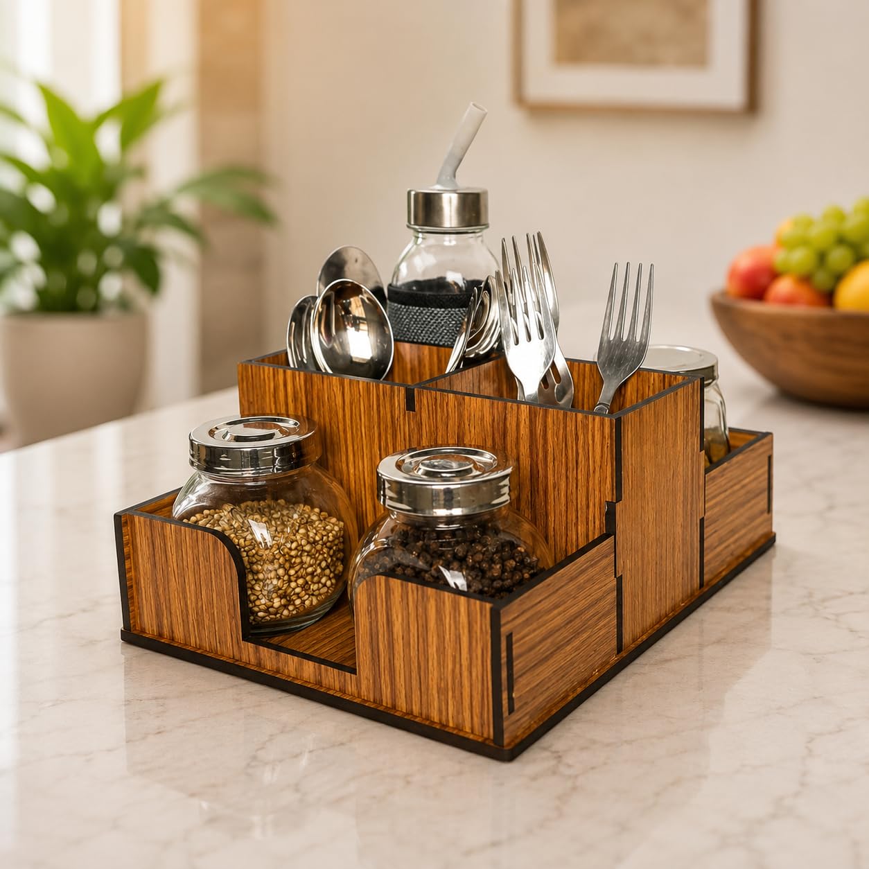 giftingcare Wooden Cutlery Stand with Tissue Paper Holder | 4-Compartment Spoon Fork Knife Organizer | Wooden Spoon Holder for Kitchen & Dining Table (Oakwood Color)