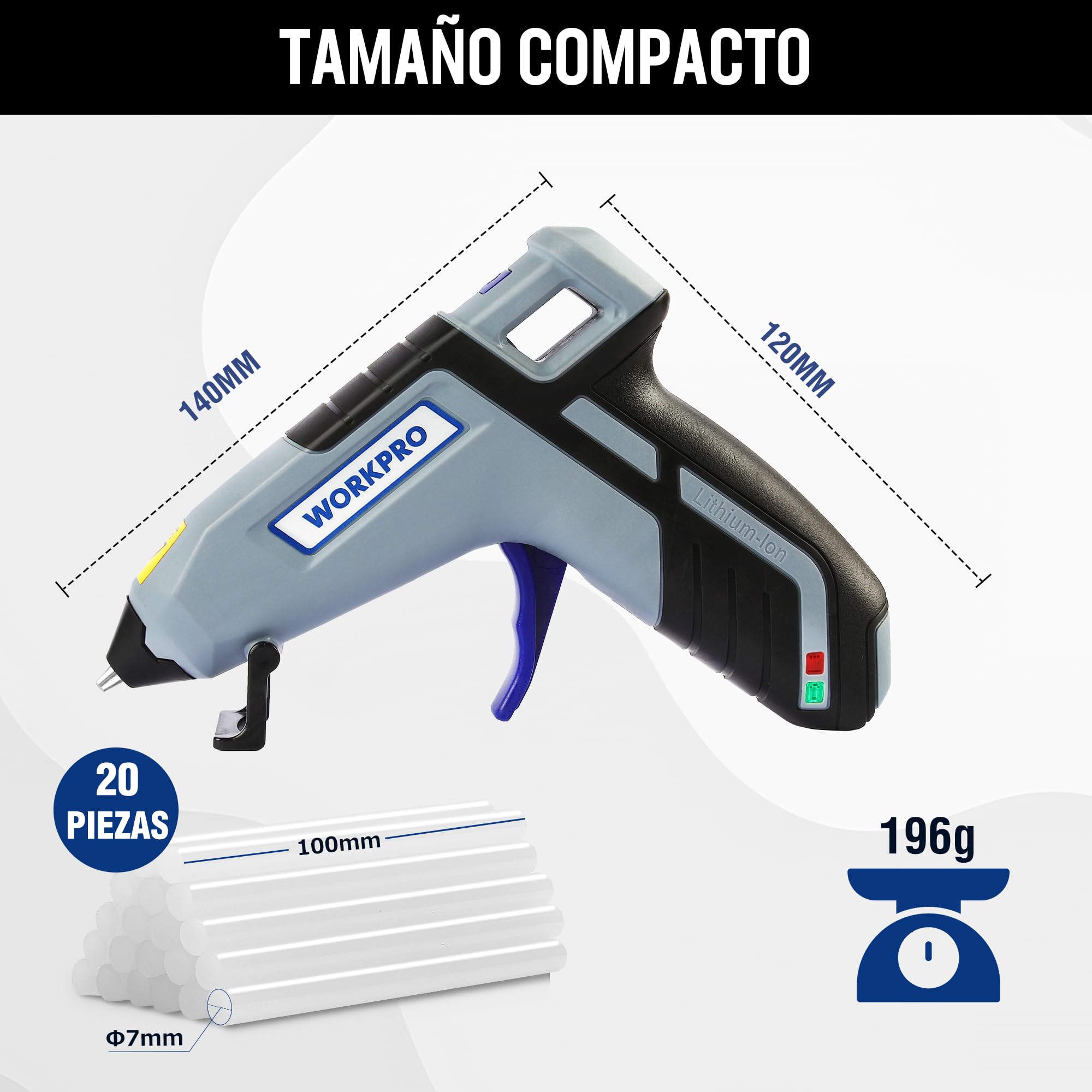 WORKPRO Pistola de Silicona Caliente Inalámbrica con 20 Barras (7x100 mm), 3,6V Pistola de Pegamento Termofusible con Boquilla de Menos Goteo, USB-C Recargable, Ideal para Bricolaje y Decoración