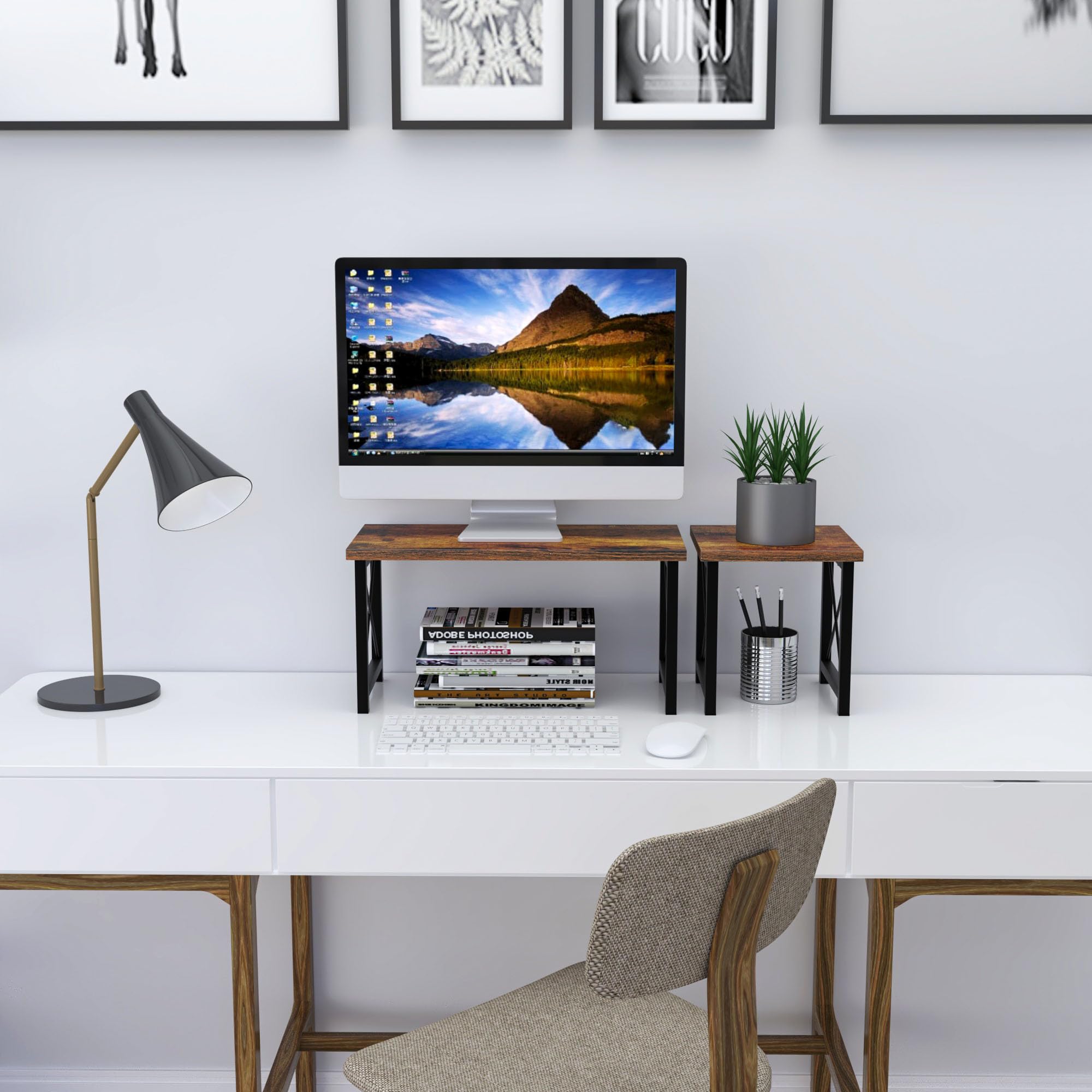 Tischregal & Schreibtisch Regal für Büro | Mini & Kleines Regal für Arbeitsplatte Küche | 40X40X19cm, in Holz/Metall, Stackable Desk Rack (Rauchholz)