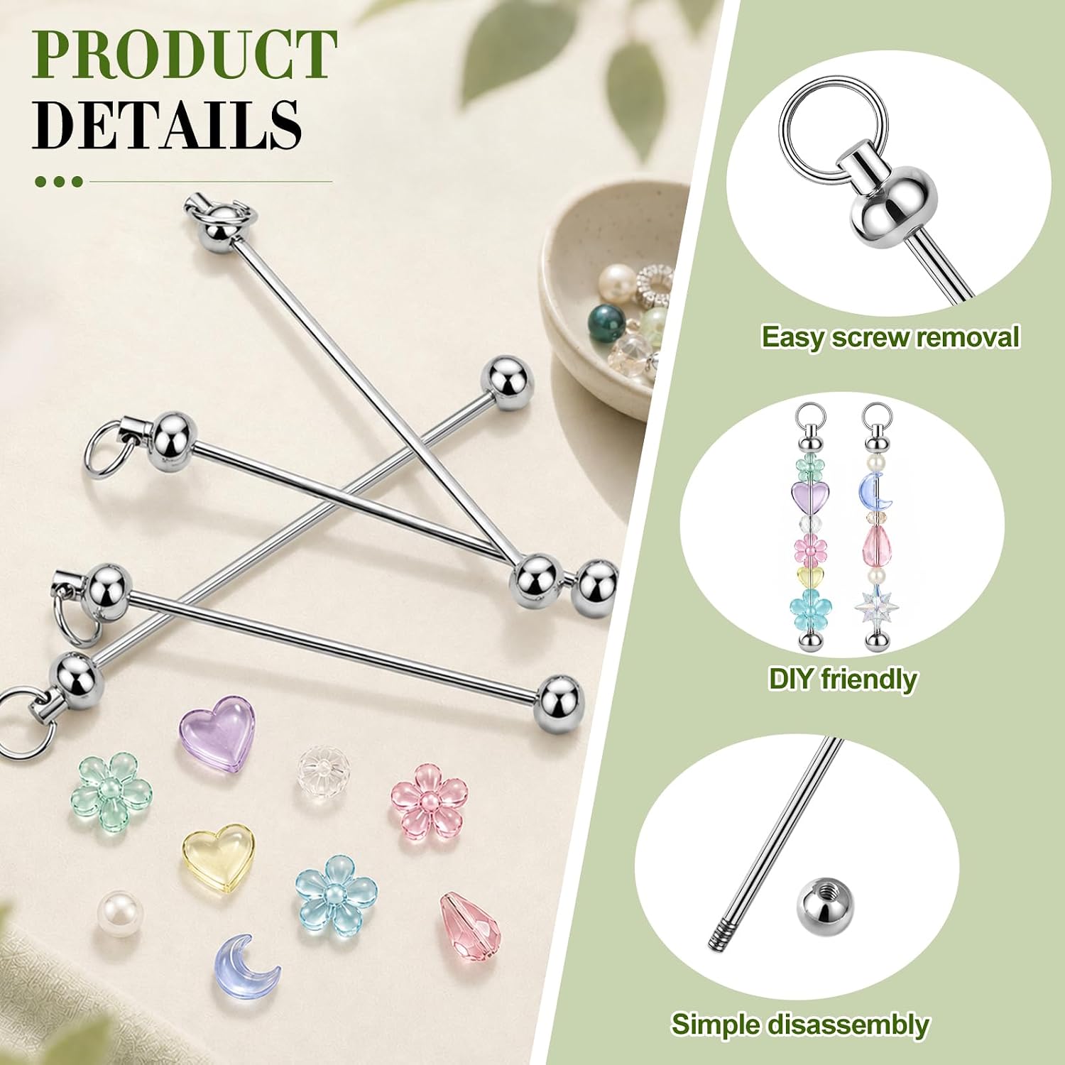Draupnir 72 Pcs Beadable Keychains Bars, Included 36Pcs Silver Beadable Keychains Bars Bulk Blank for Keychain Making and 36Pcs Colorful Tassel