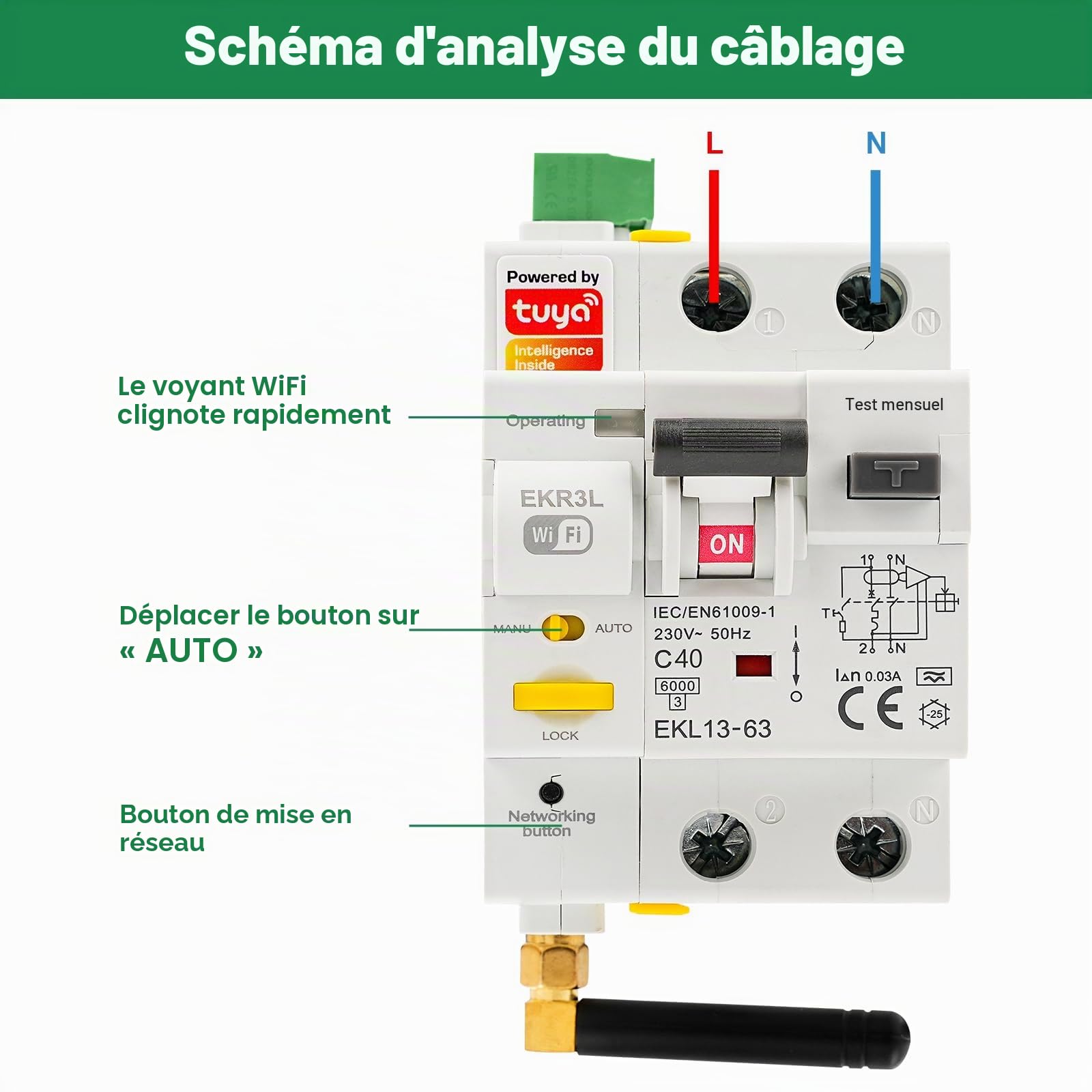Disjoncteur différentiel 40A WiFi Réarmement automatique Disjoncteur différentiel intelligent 220V 2P Protection contre les fuites Contrôle TUYA Réactivation en mode automatique.