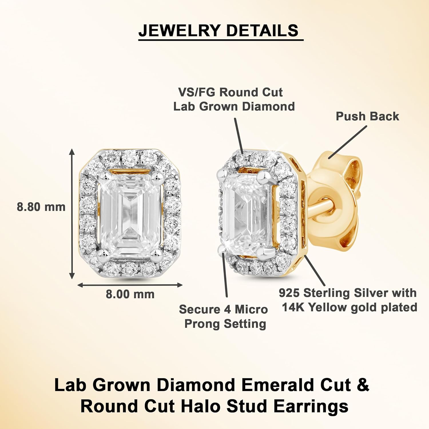 Dewberry 925 Silver Push Back Stud Earrings | 0.75 Carat VS/FG Lab Grown Emerald Cut IGI Certified Diamond Stud Earrings 14K White & Yellow Gold Plated Hypoallergenic Halo Earrings For Women