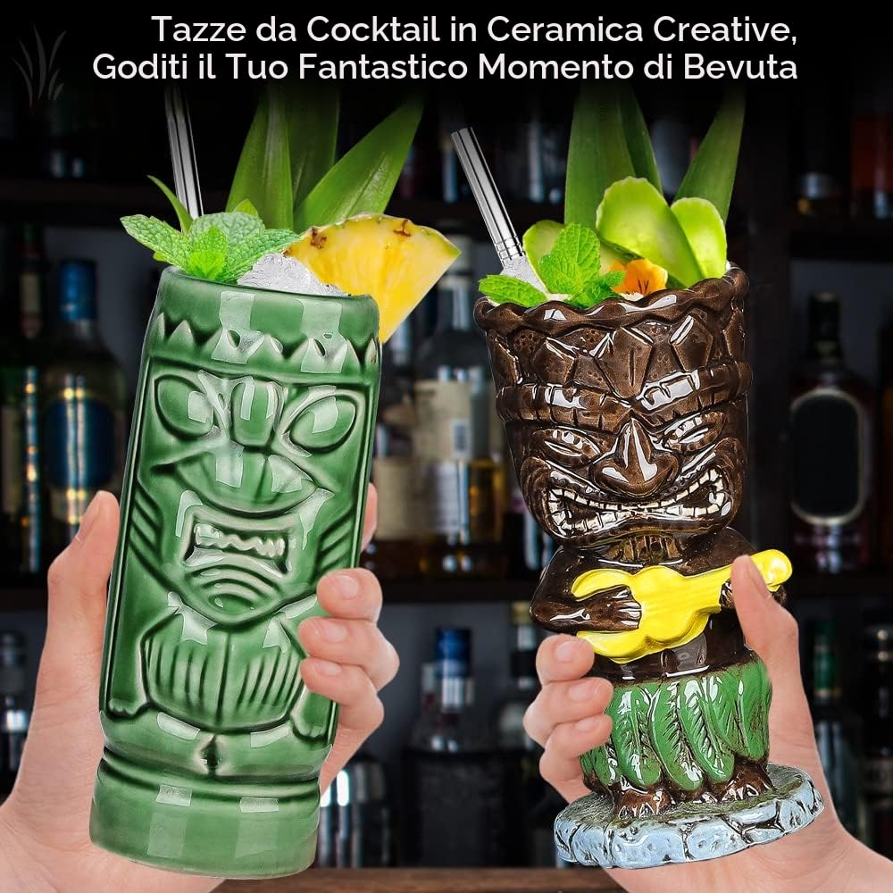 Tiki Bicchieri per cocktail Tiki Set di 4 tazze tropicali in ceramica Hawaiian Tiki Party Creative Cocktail Bicchiere Bevande Grande Bar Drinkware Premium Tropicale Esotico Carino Barware