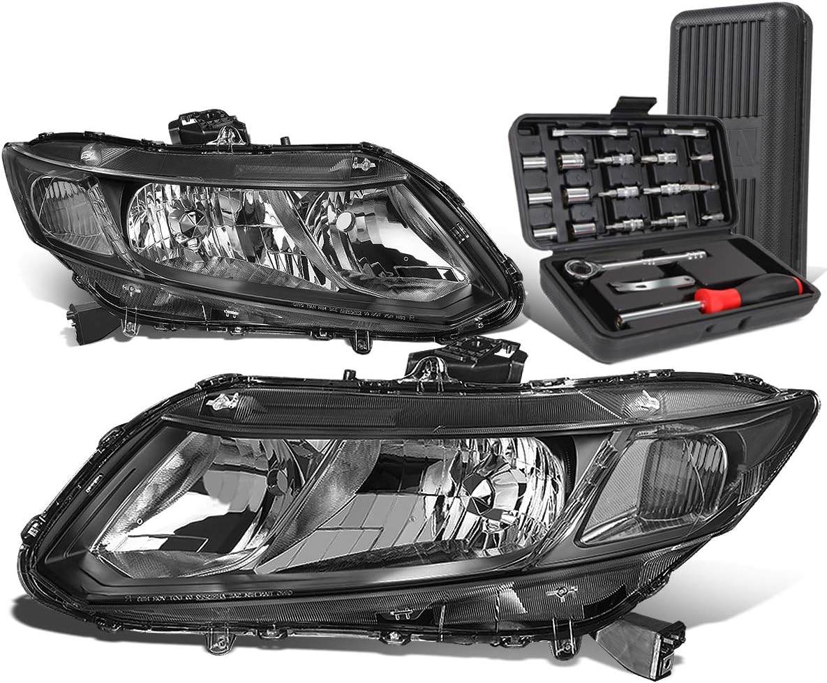 Auto Dynasty Headlights Assembly Bundle with Tool Kit Compatible with Honda Civic Sedan 12-15 Coupe 12-13, Driver and Passenger Side, Black Housing