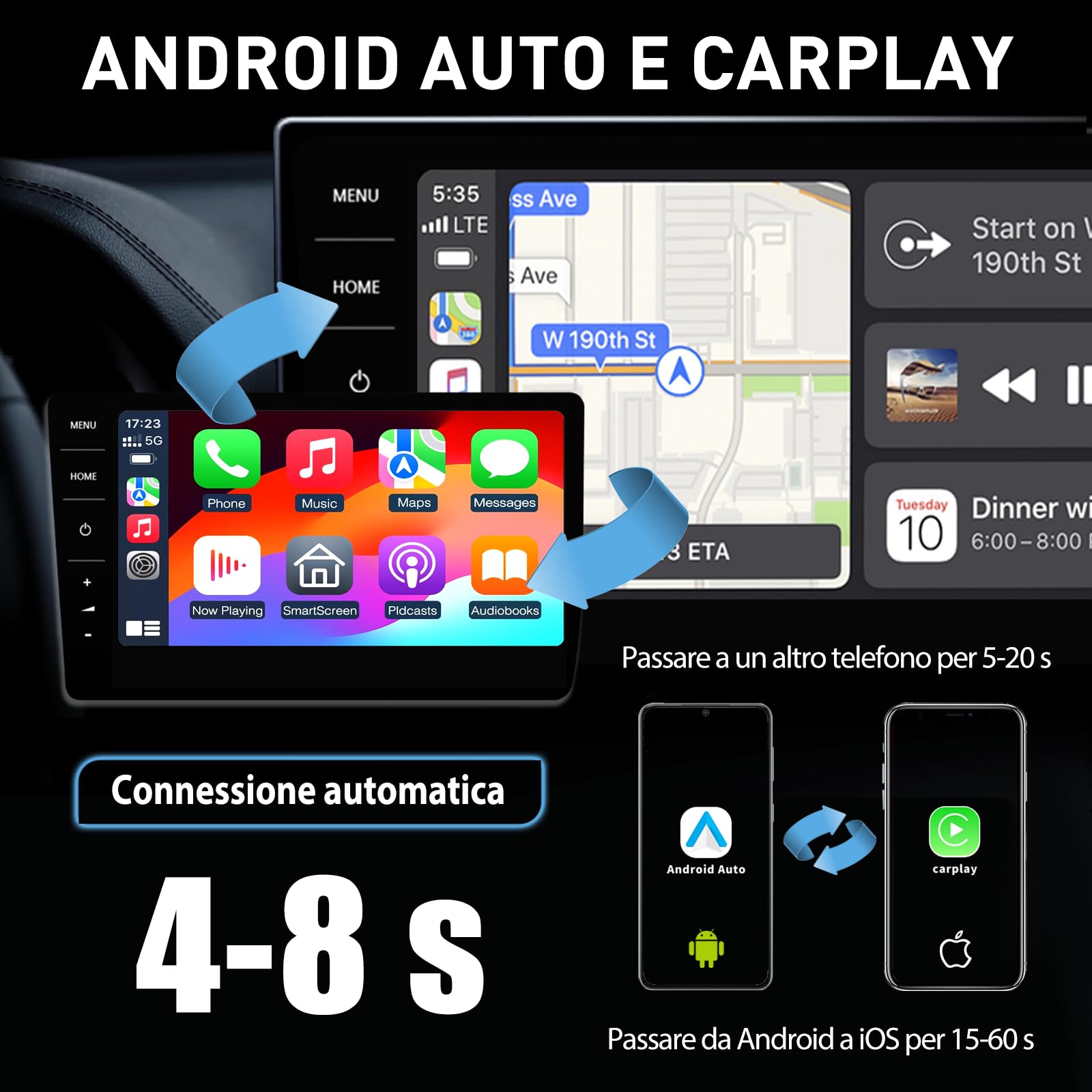 SwartLife Adattatore Carplay Wireless & Android Auto Wireless Adapter 2 IN 1, a-pple carplay auto wireless Converte Android Auto/Carplay da cablato in Wireless, Adatto al 99% dei veicoli Plug&Play