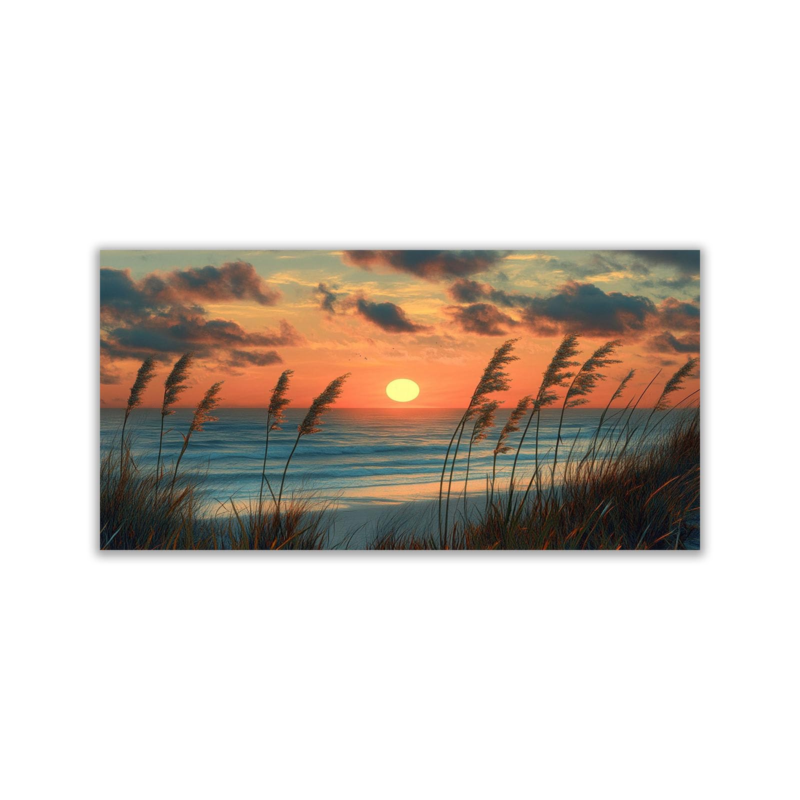 WIKEO Beach Pictures on Canvas Wall Art Beach Weeds Scenery Modern Prints Seaview Landscape Artwork - for Living Room Bedroom Home Office Wall Decoration(Orange 1)-70x140cm Unframed