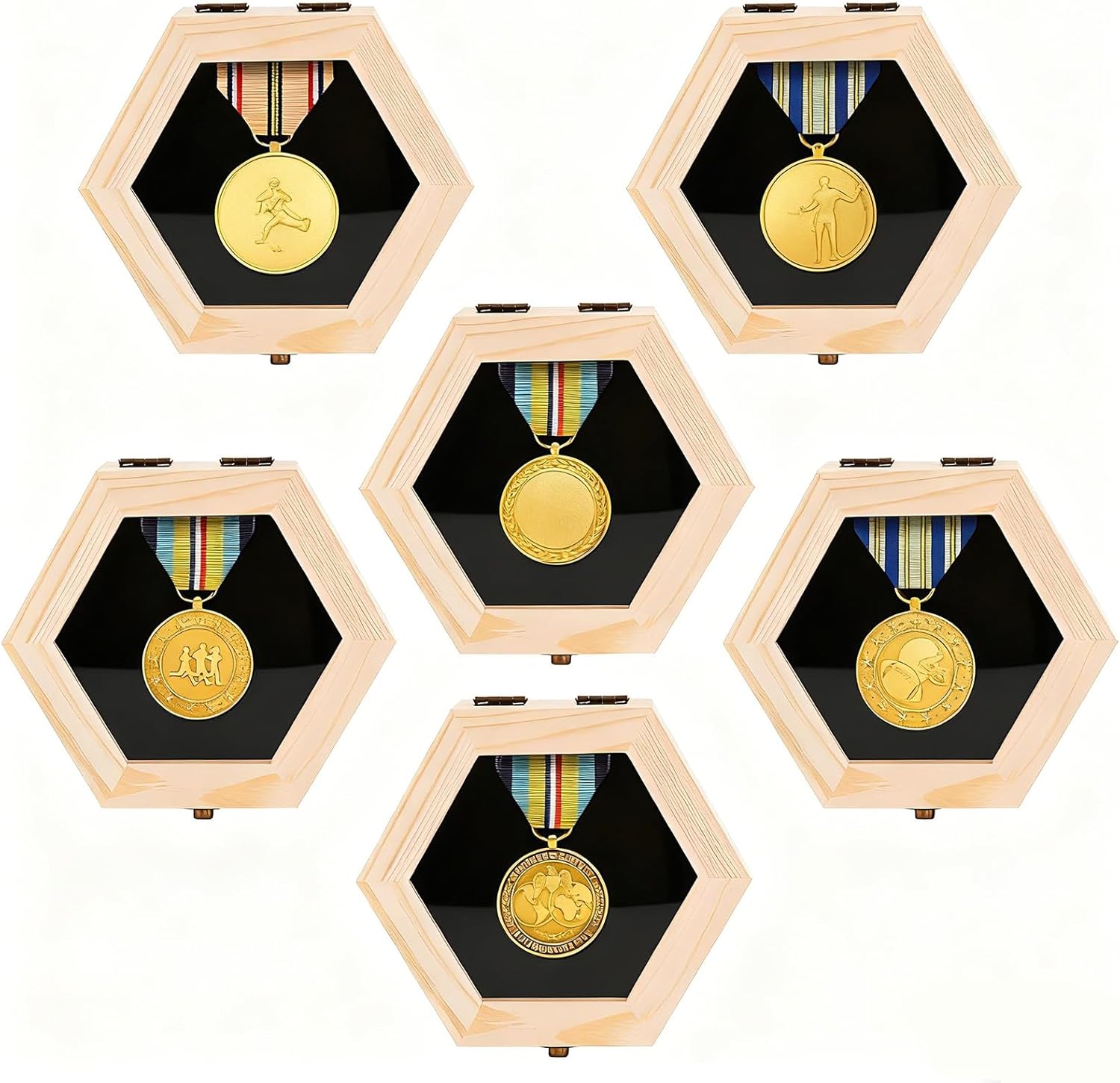 BiJun Medal Display Case, Medal Display Case Hanger Shadow Box for Medals Race Medal Display of Sports Medals Track Field Spartan Races Running Marathons (Natural Wood Color 6PC)