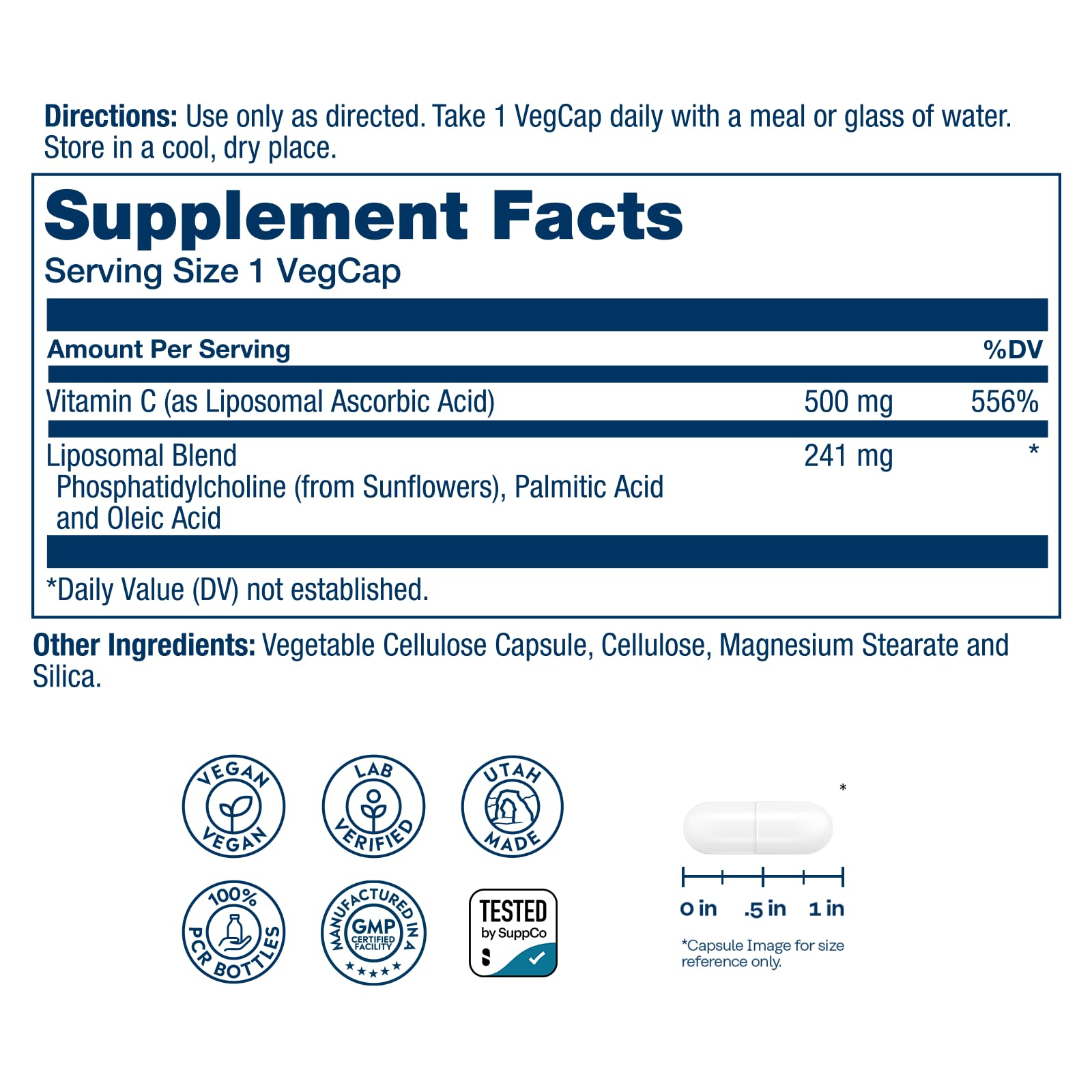 SOLARAY Liposomal Vitamin C 500mg, Fat Soluable Vitamin C, Vegcaps, Sin Sabor, 100 Unidad,