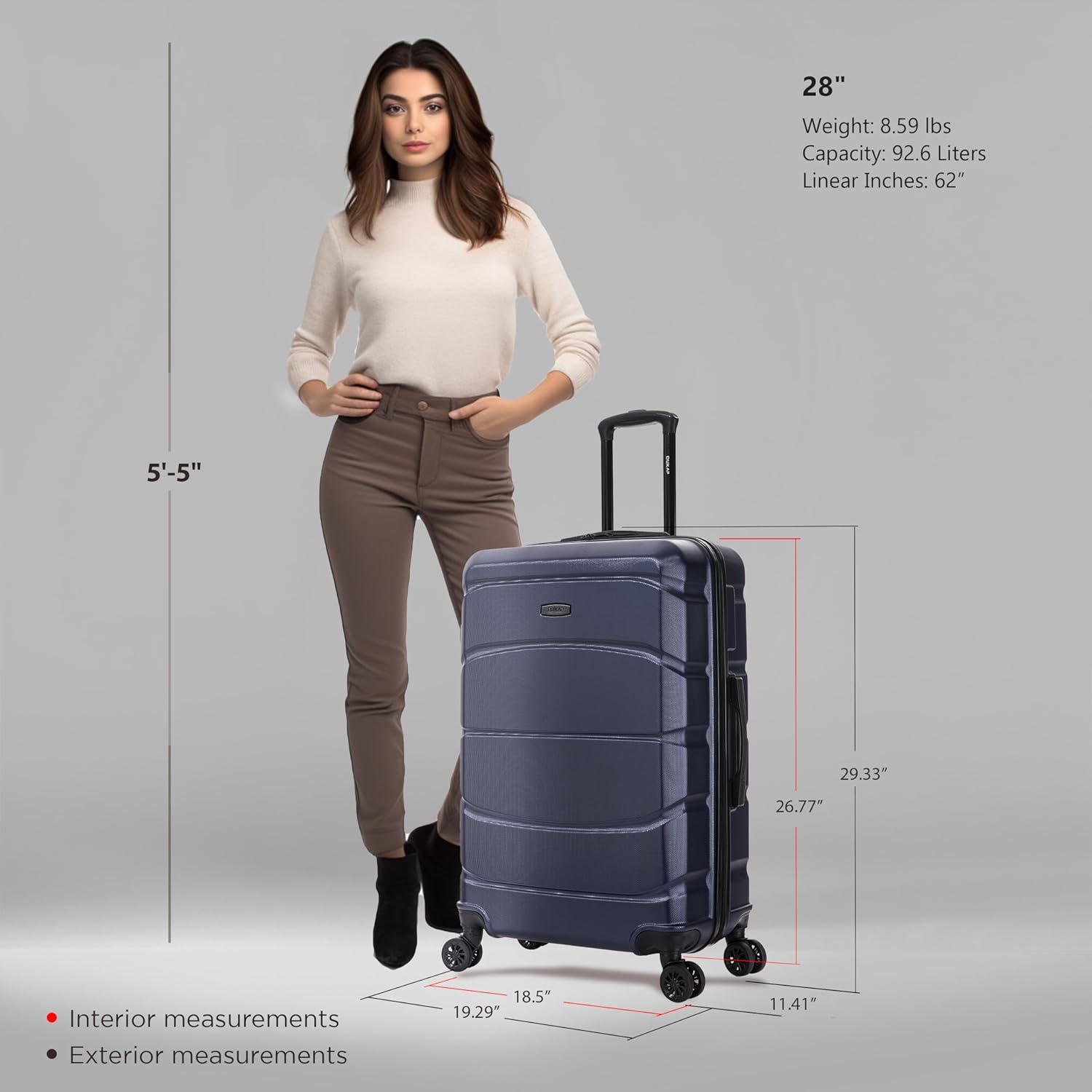 dukap sense hardside luggage with spinner wheels | 28 in durable lightweight large checked suitcase for travel | zipper clouser suit case with gel handles and trolley | blue 28 inch sense single blue