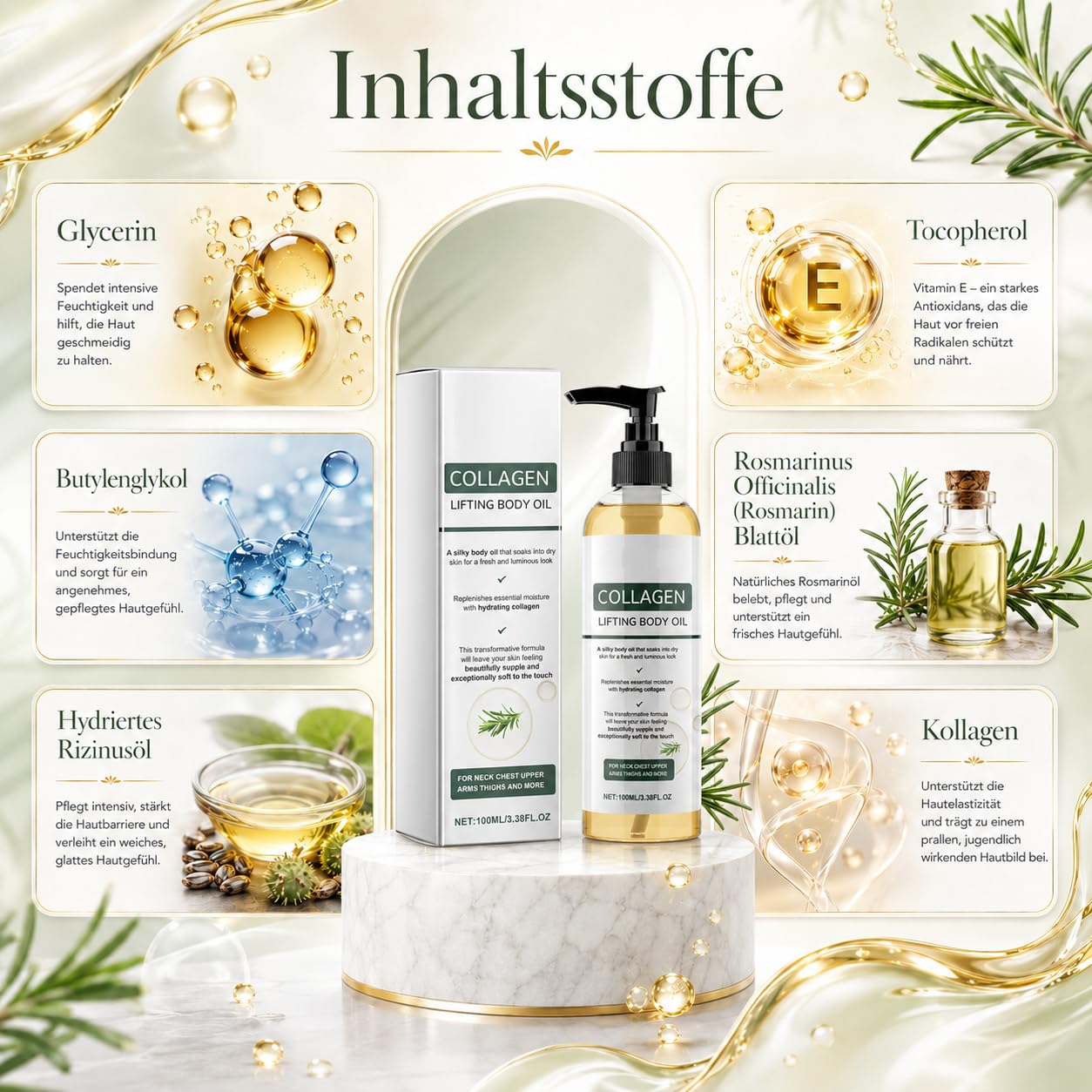 Divinova Kollagen Körperöl zur Hautstraffung Feuchtigkeitspflege Öl für Narben Falten Dehnungsstreifen Bauch Arme Beine und Massage (Weiß,25 ml (4er Pack))