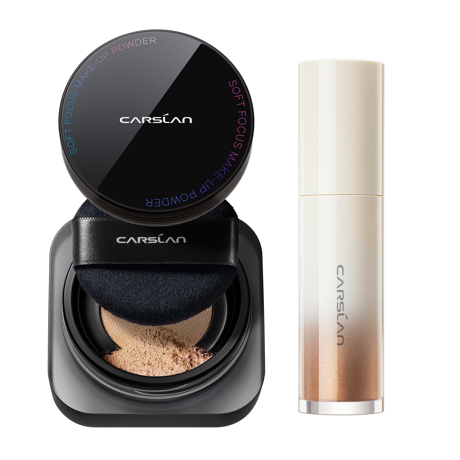 CARSLANSoft Focus Makeup Powder Waterproof Oil Control Setting Powder N01 and 3D Liquid Highlighter 03, Face Cosmetics Kit, 2Pcs