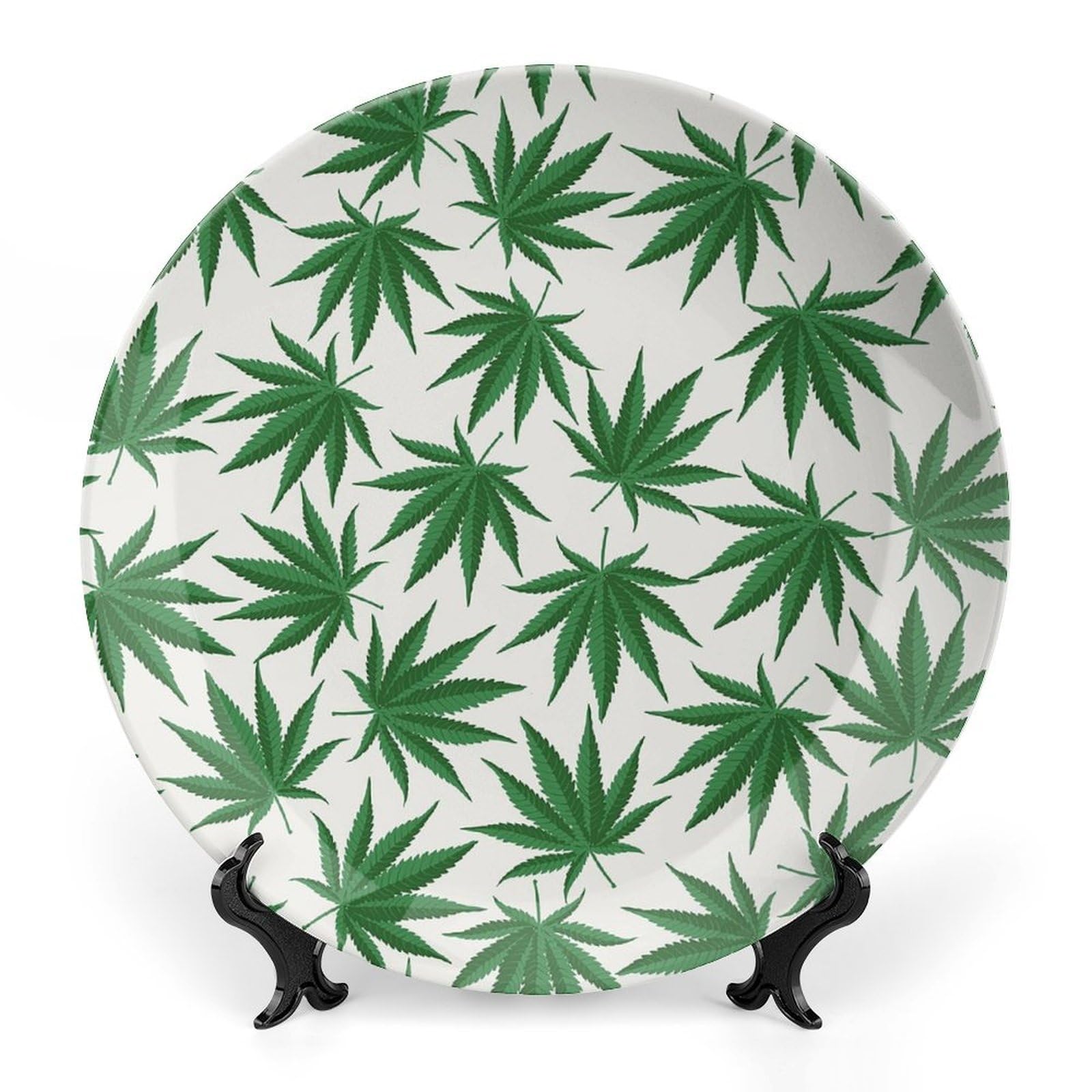 Marijuana Weed Leafs 6inch Ceramic Display Plates with Display Stand Decoration Household Commemorative Plates