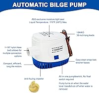 Vista 3 de Sanuke Bombas de achique automáticas de 1100 GPH, bomba de achique de agua marina de 12 V con interruptor flotante, salida de 1-1/8", bomba