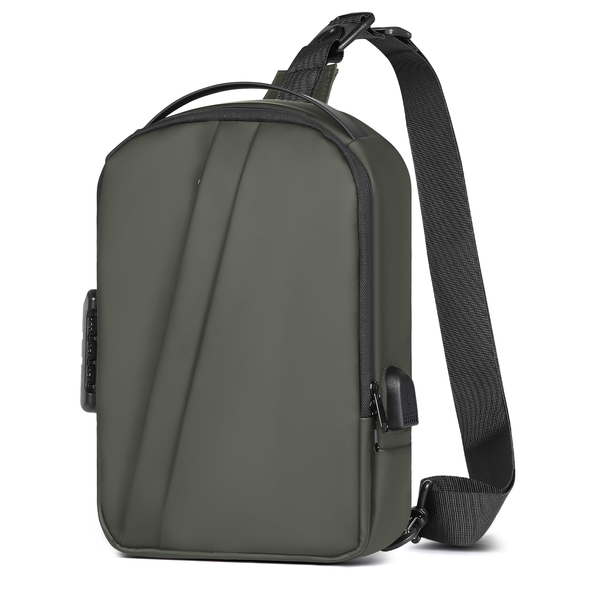 Geestock Men's Crossbody Sling Bag with Anti-Theft Password Lock, Waterproof Sling Backpack with USB Charging Port, PU Leather Chest Bag Casual