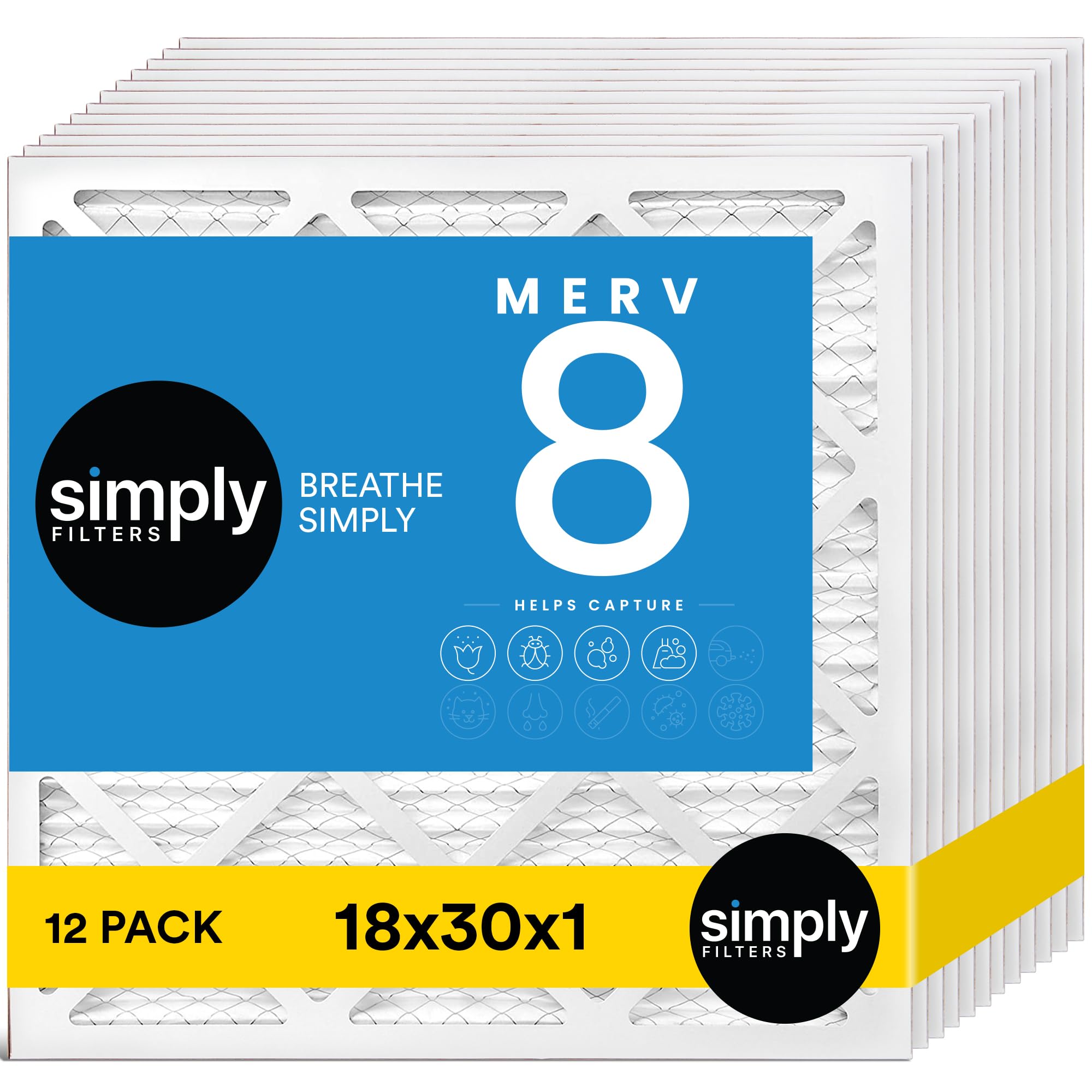Simply 18x30x1 Air Filter, MERV 8, 12 Pack, For Home AC Furnace & HVAC (Actual Size: 17.75"x29.75"x0.75") DUST, Pet, & Allergy Control