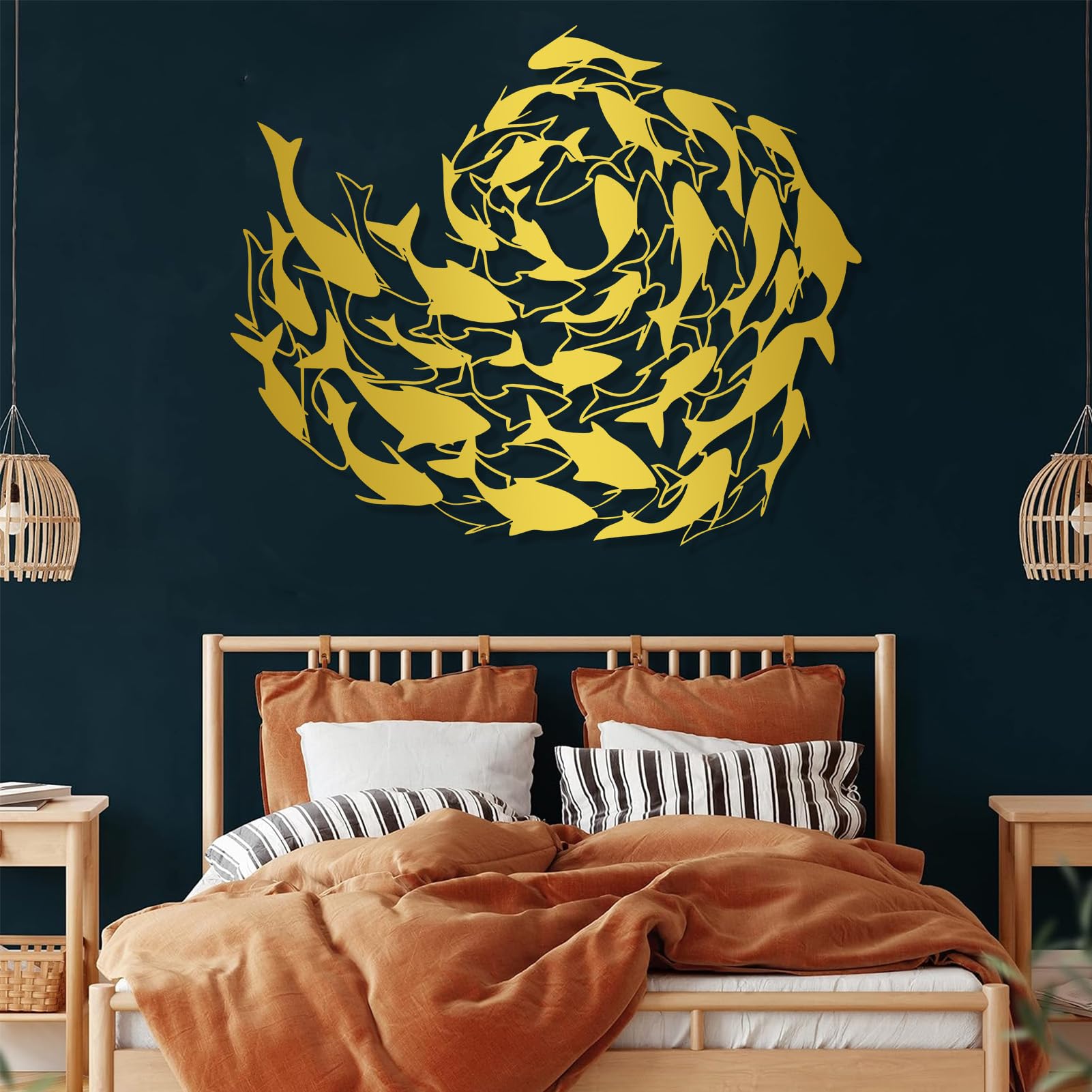 Metalowa dekoracja ścienna Wisząca rzeźba przedstawiająca morską ławkę rybną do salonu sypialni lub łazienki czarna 60 x 49 cm (24 x 19 cali)
