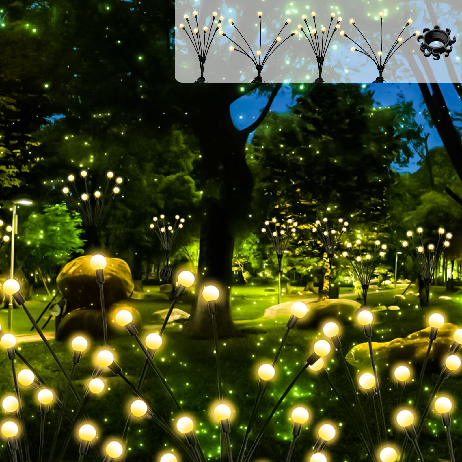 HXWEIYE4 Pack Solar Firefly Garden Lights with Seperator, 8LED Swaying Solar Lights Warm White with 2 Lighting Modes, Sway at Breeze. Waterproof Solar Outdoor Lights for Outside,Patio,Yard,Xmas