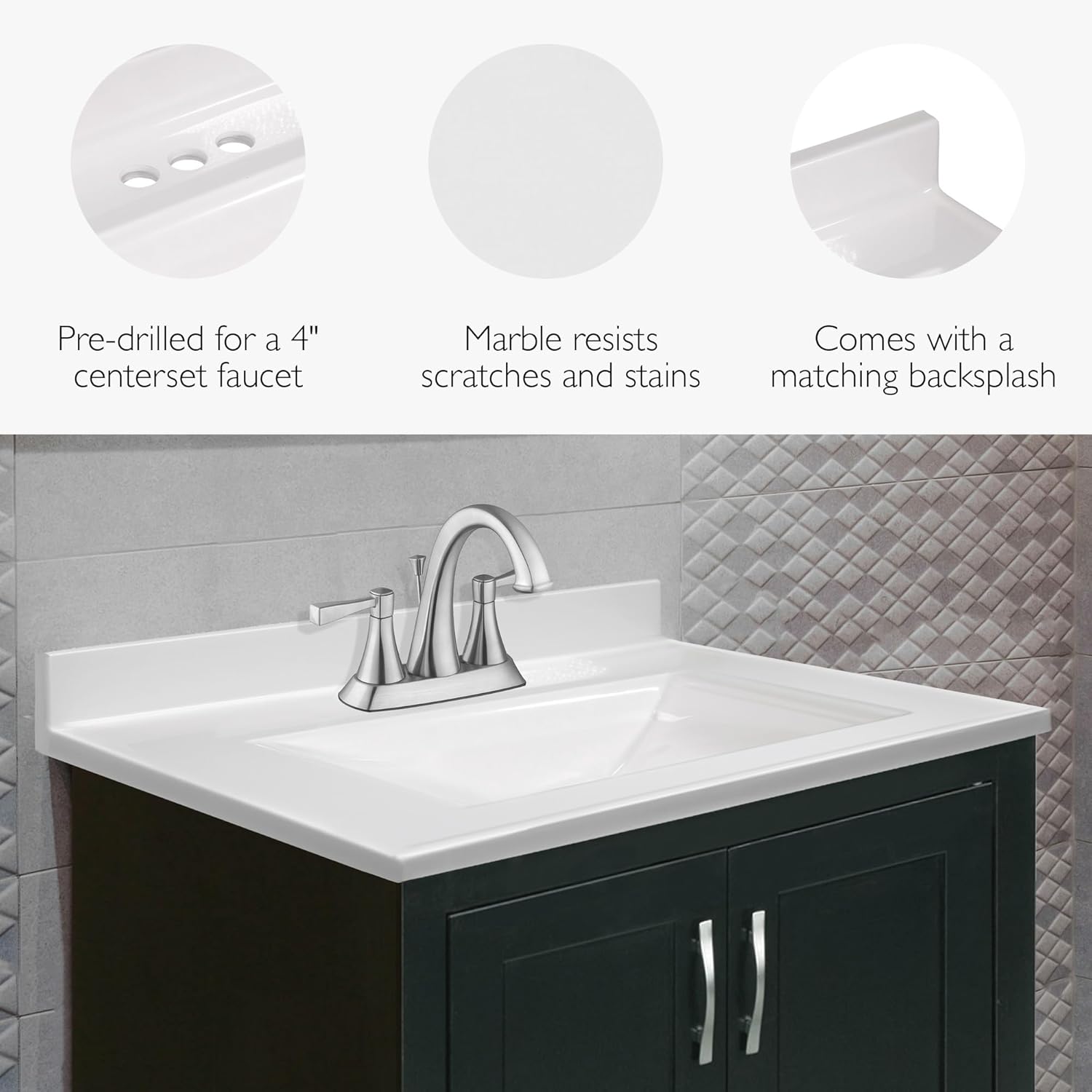 Design House Camilla Vanity Top, Cultured Marble, Centerset Mount, Integrated Backsplash, Stain Resistant, Rectangle Bowl, White, 25 in W x 22 in D x 12.5 in H, Item 557629-WHT