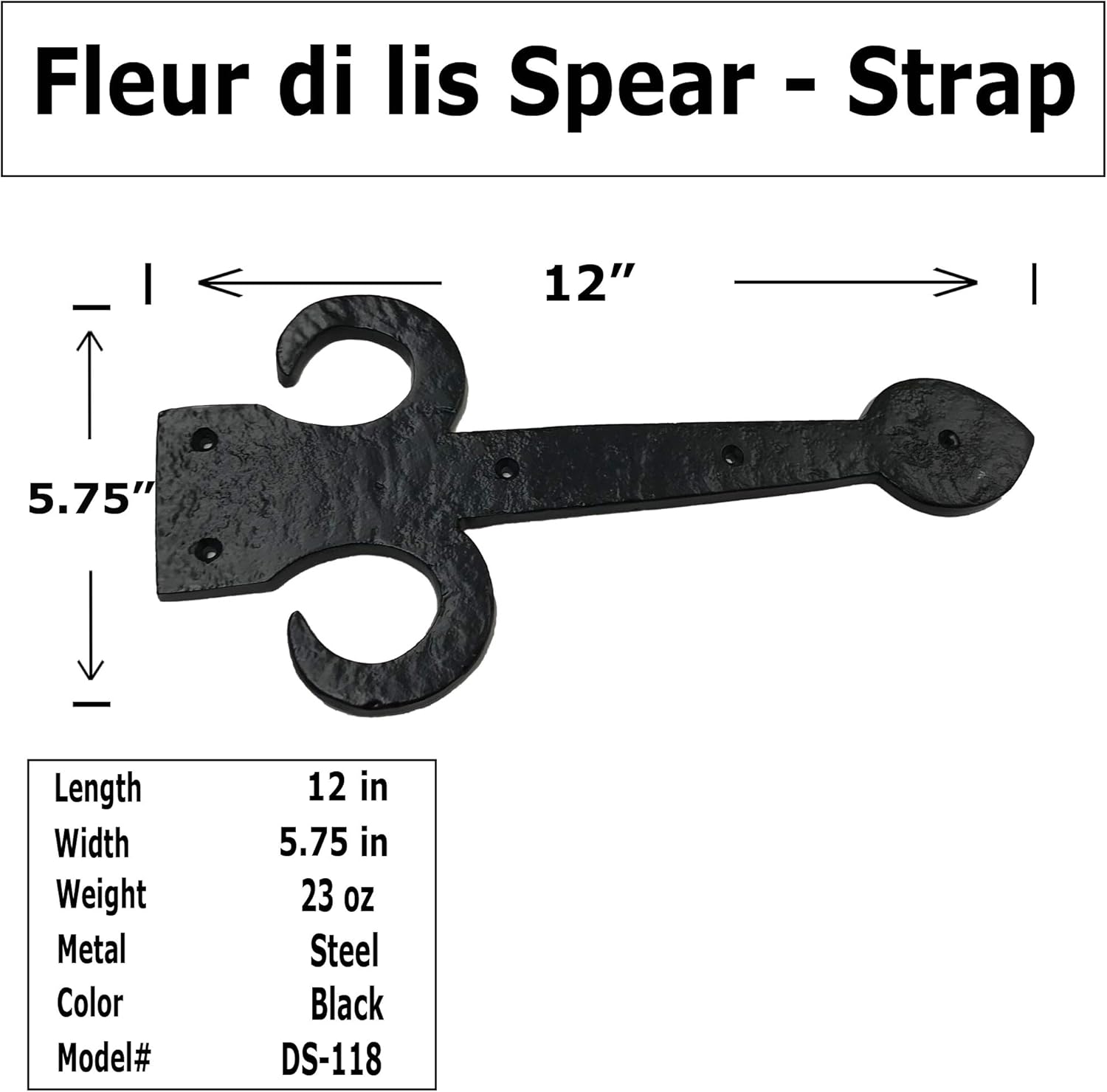 – 12” Fleur Spear Decorative Antique Style Old World Rustic Strap Faux Hinge Cast Wrought Iron Hammered Forged Vintage Look for cabinets, Garage, Kitchen Doors Black - DS118