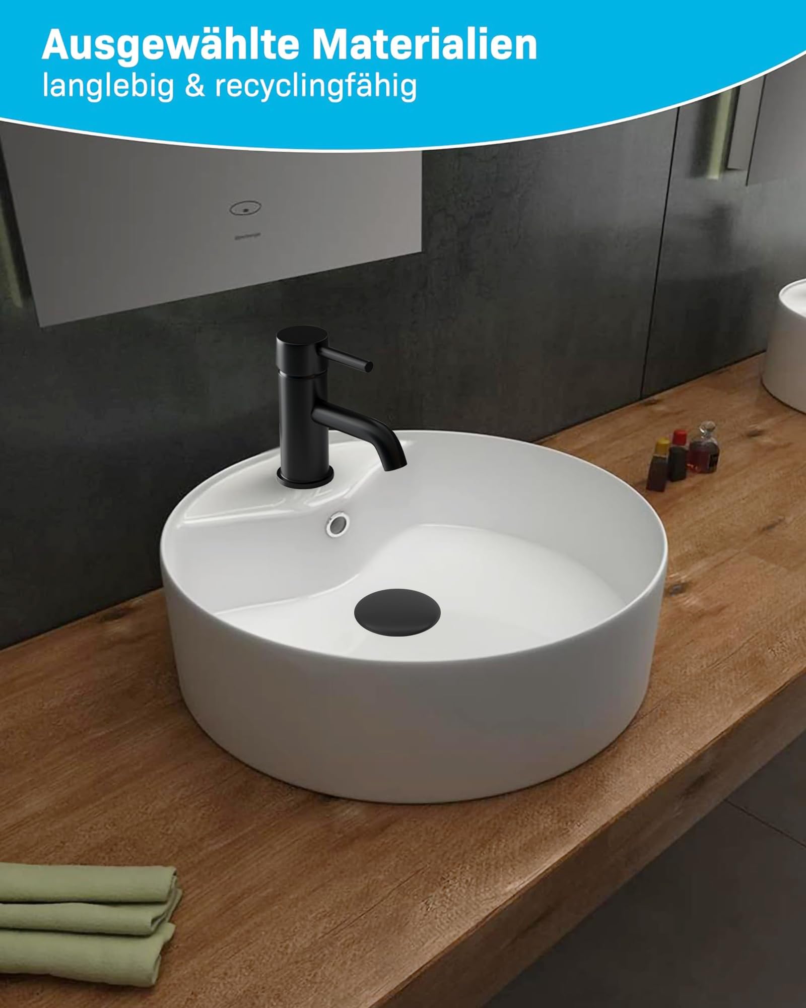Alpenberger Lavabo de cerámica de 40 cm de diámetro, nano-revestimiento para una higiene perfecta, para cuarto de baño y aseo de invitados, efecto loto, con rebosadero y orificio para grifo