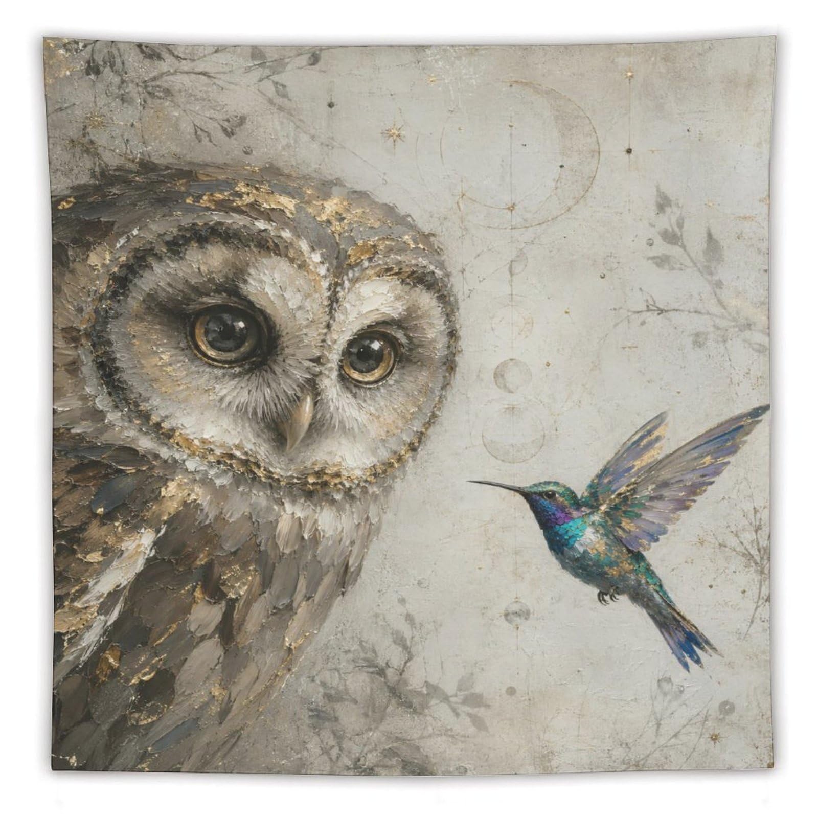 H3B8U2Y5 Owl and Hummingbird Wall Tapestry, Realistic Illustration, Bedroom