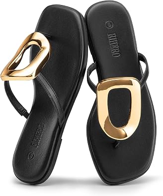 Rihero Flip Flops for Women Comfortable Square Toe Flat Sandals Slip On Summer Beach Slide Sandals with Metal Decoration
