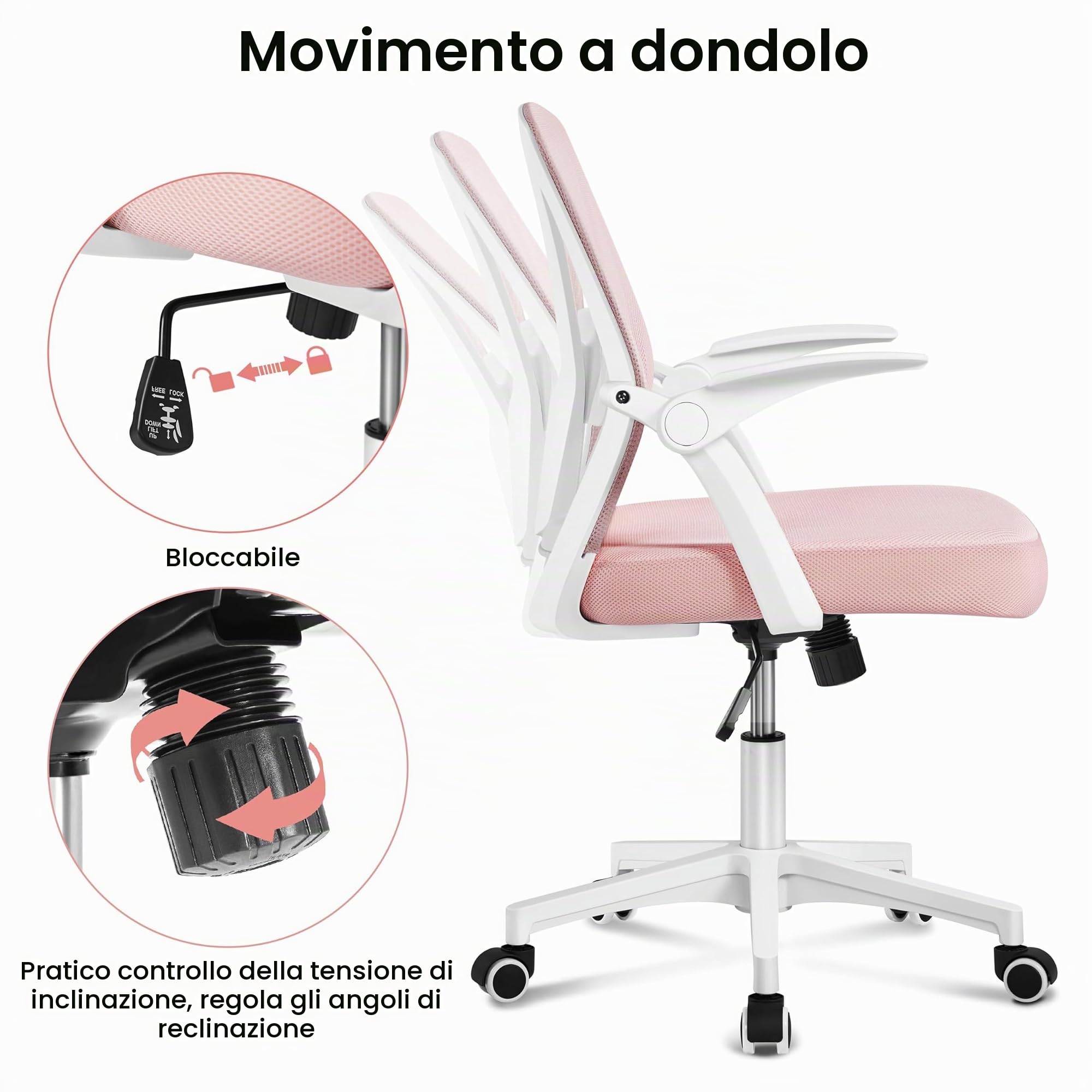 Sedia Ufficio Scrivania Ergonomica con Supporto Lombare Rosa | Altezza Regolabile, Braccioli Ribaltabilie, Ruote Girevole, Traspirante, Schienale Reclinabile, Funzione Dondolo, Camera