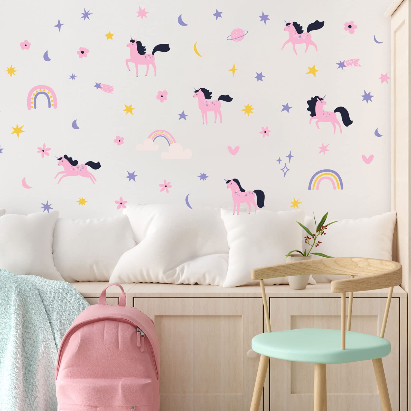 Stickerscape Girls Pink,Purple,Rainbow Unicorn Wall Stickers (Purple And Pink Unicorns) | Easy To Apply And Cleanly Removable | 59 Stickers For Walls Included | Unicorn Bedroom Accessories