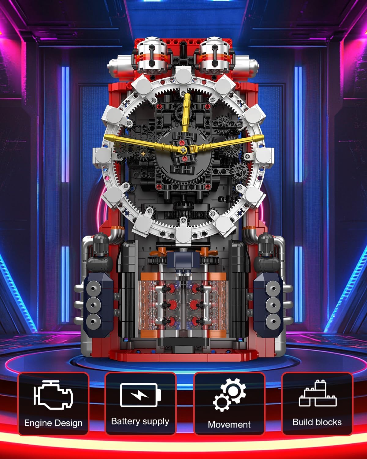 Mould King 10187 Cyberpunk Engine Clock assembled, highlighting its engine design, battery supply, movement, and build blocks.