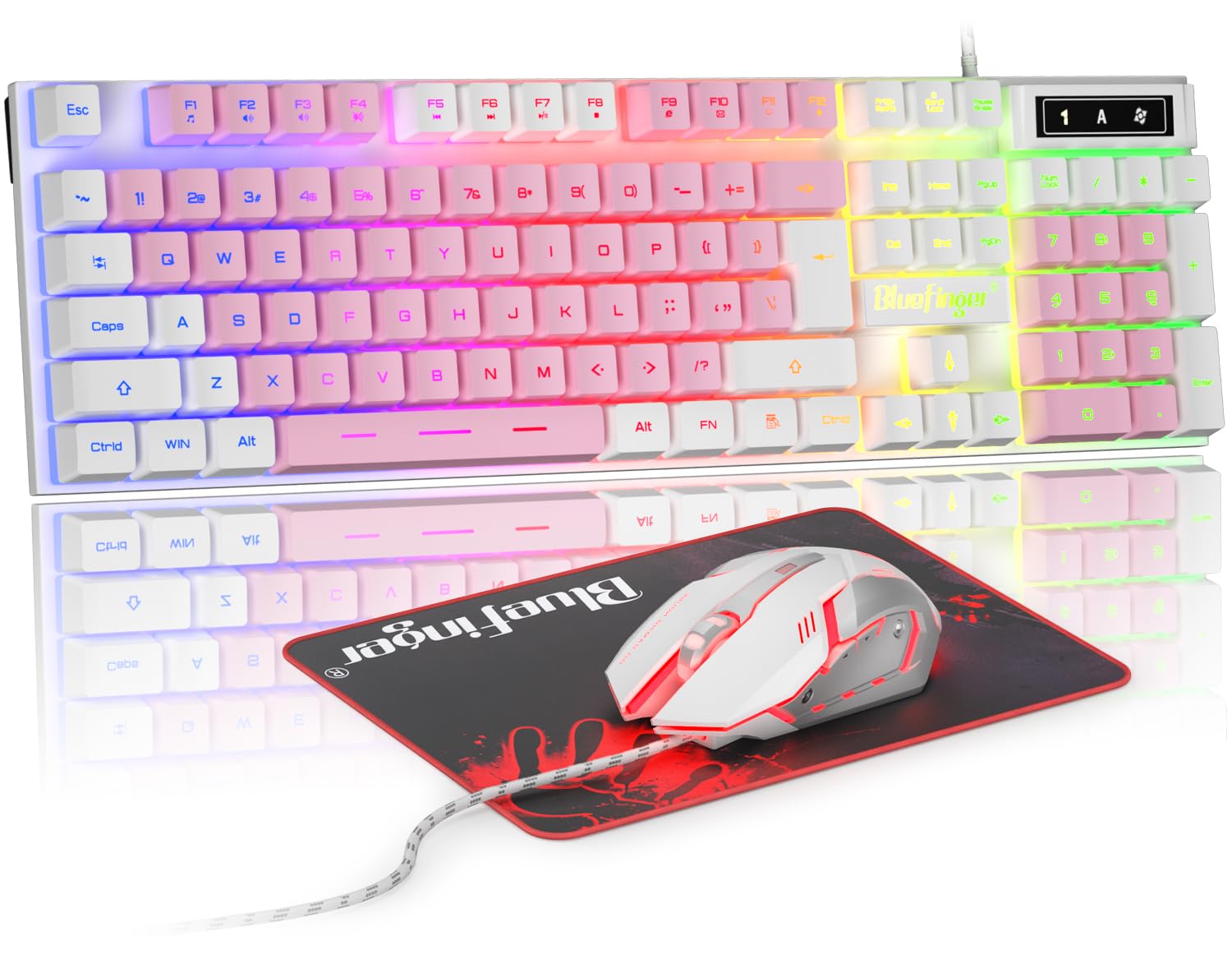 BlueFinger Tastiera da gioco RGB e mouse retroilluminato, con cavo USB, set da gioco a LED per laptop, PC, giochi e lavoro (bianco e rosa)
