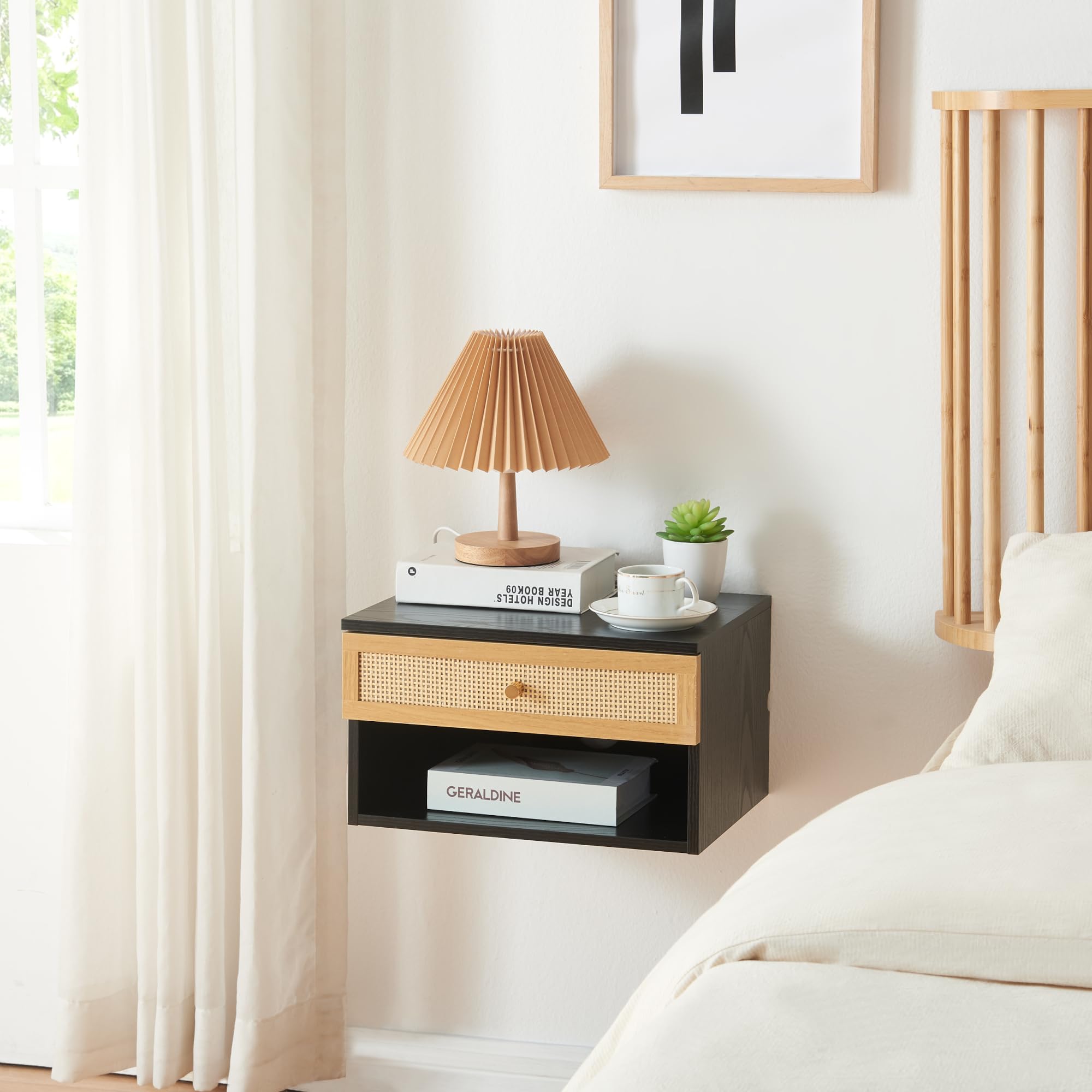 [en.casa] Estantería de Pared Eiker Mesita de Noche con Cajón y Compartimento Abierto Estante Flotante con Pasacables para Dormitorio Baño Salón Aglomerado 40 x 32 x 23 cm - Negro