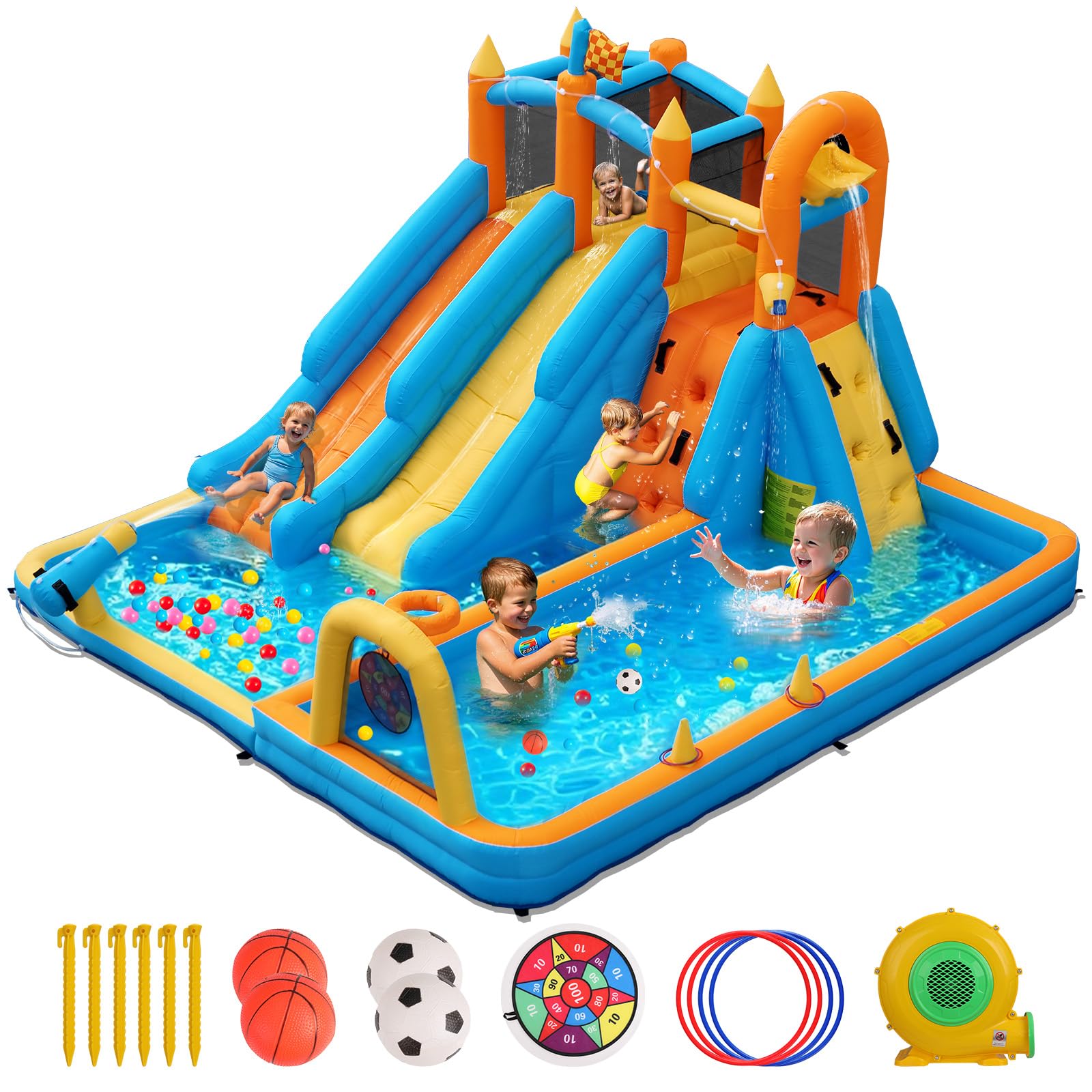 FOOING Castillo Hinchable con 2 Toboganes de Agua, Pared Escalada y Canasta de Baloncesto, Red Seguridad, Casa Saltarina para Jardín, Castillo Inflable Niños para Piscina Verano
