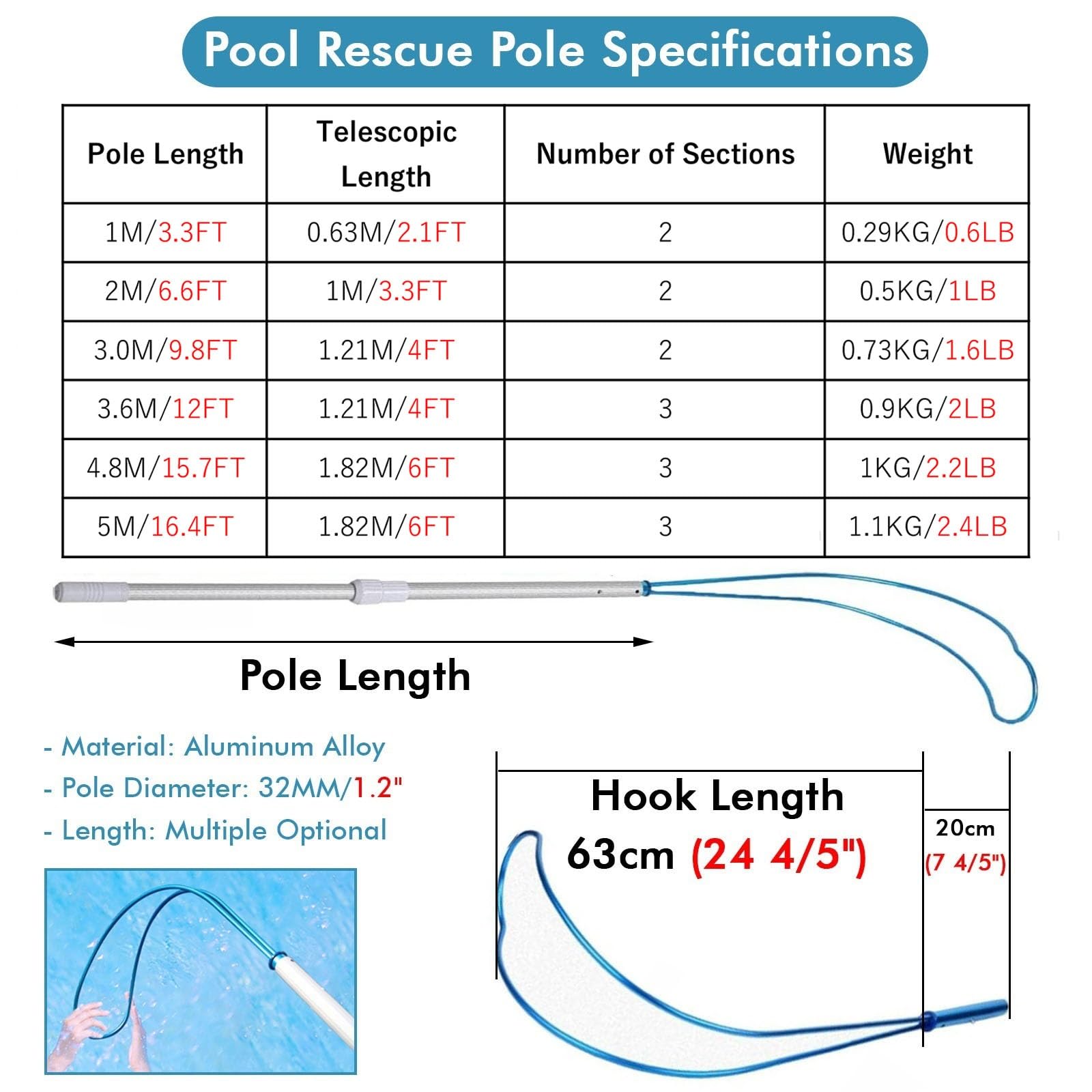Pértiga telescópica de Rescate para Piscinas de 3,6 m (12 pies) con Gancho para el Cuerpo, Salvavidas de Emergencia de Aluminio para Piscinas, Herramienta Profesional de Rescate acuático par