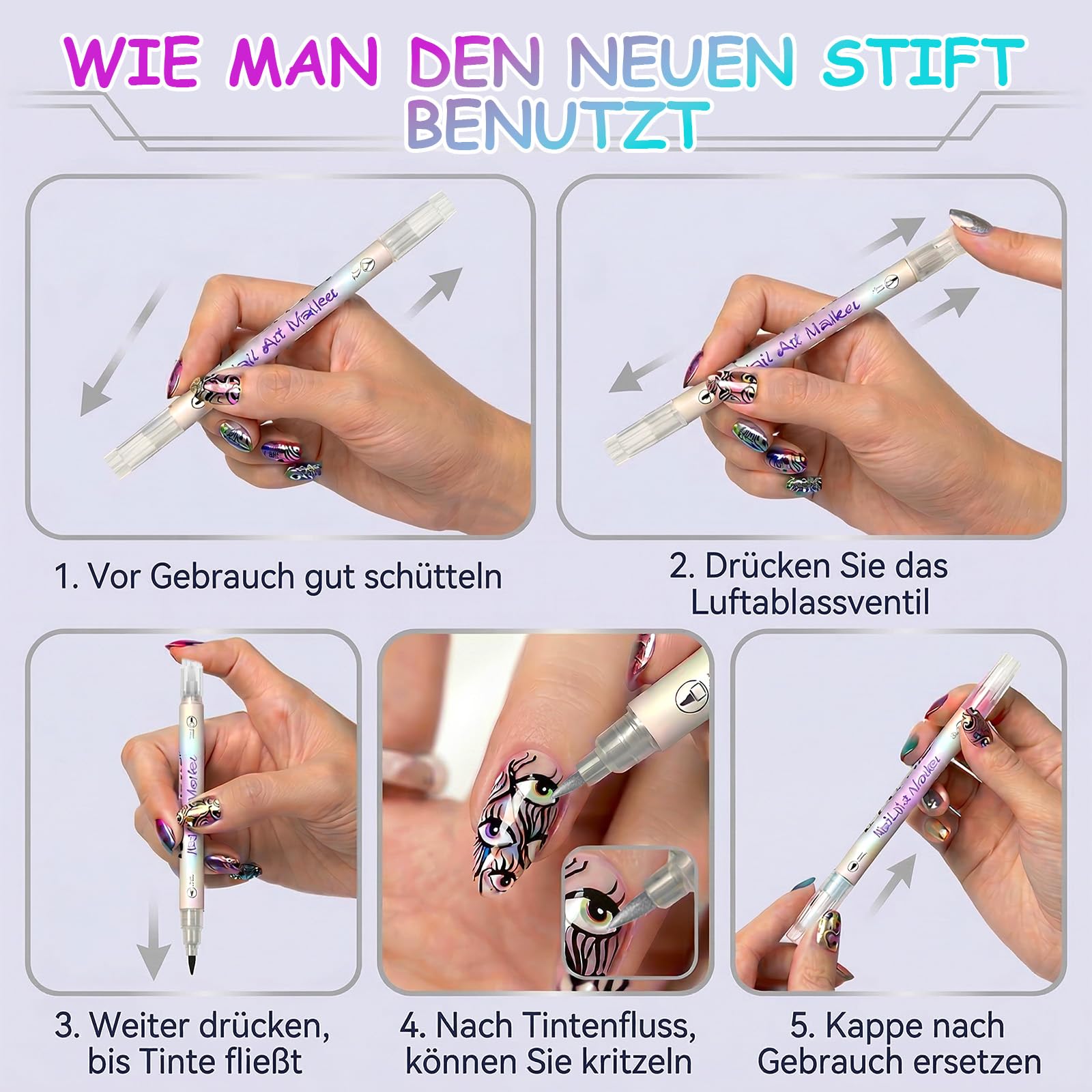24 Farben Nagellack Stift Set, 0.5mm Nail Art Marker für 3D-Nagelkunst, Nagellackstifte für Nägel Kinder, Nageldesign für DIY Nagelkunst, Premium-Schnelltrocknungsformel