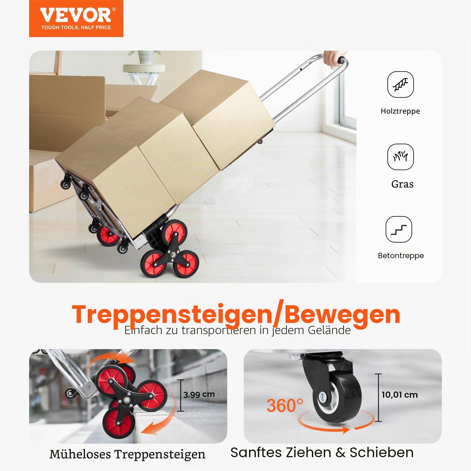 VEVOR Sackkarre 490 x 475 x 1150 mm, Treppensteiger, Treppensackkarre 118 kg, zusammenklappbarer Trolley mit Teleskopgriff, 10 Rädern & 2 elastischen Seilen für Zuhause, Einkaufen, Umzüge & Lager