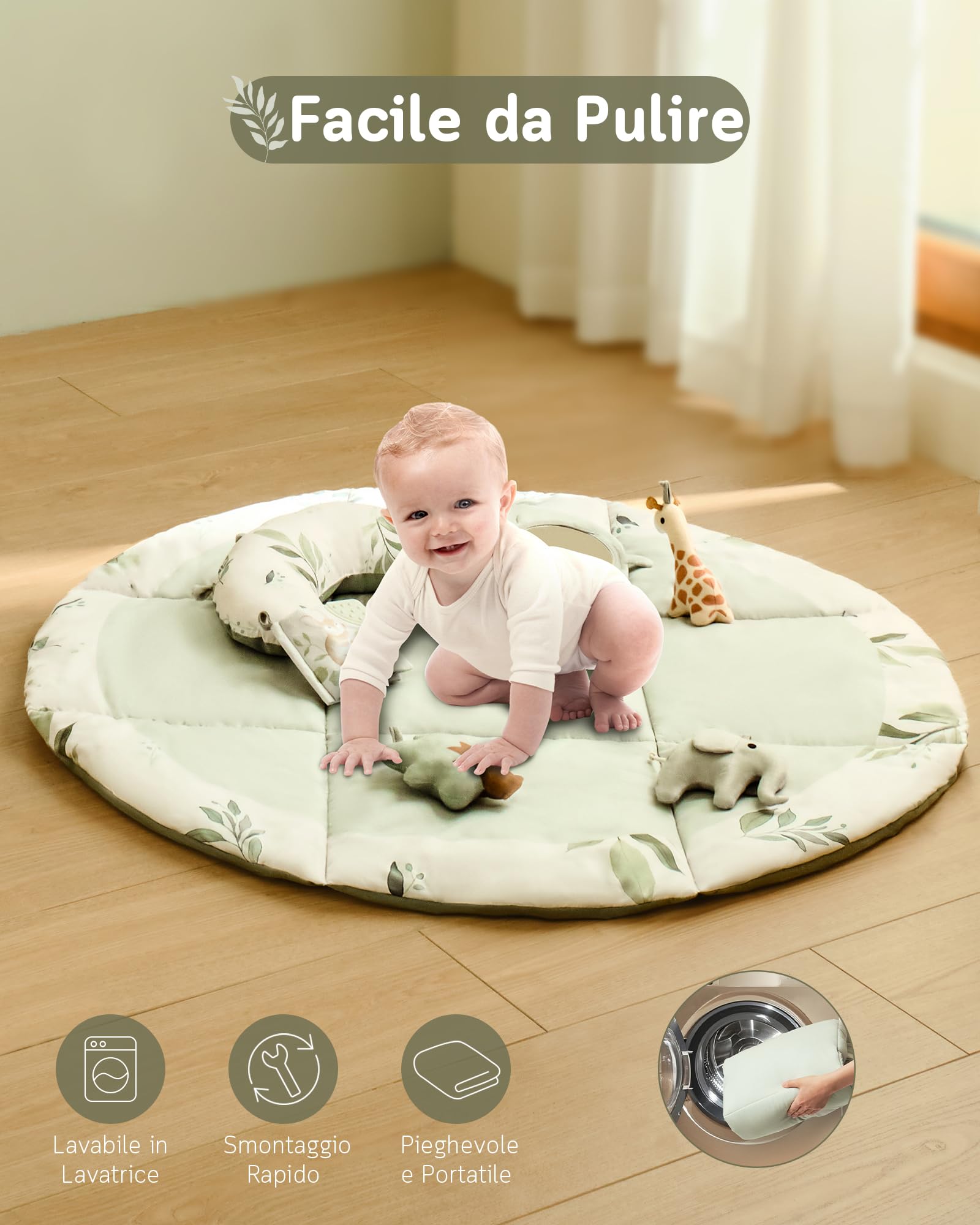 Fortella Palestrina Neonato Evolutiva Tappetino Gioco Attività 5 Giocattoli Sensoriali Specchio Cuscino 0-12 Mesi Verde