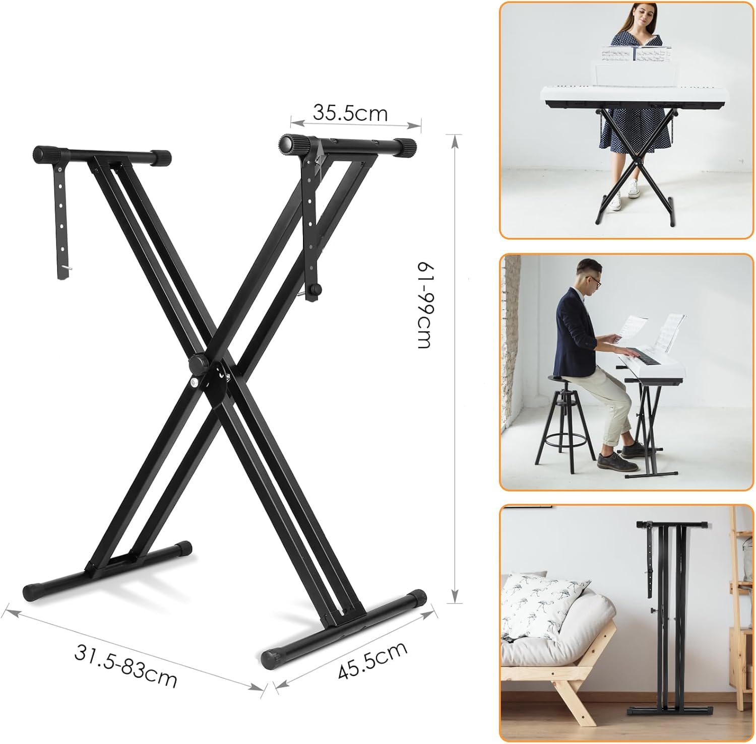 ROCKSTAR - Soporte Plegable Teclado y Piano, Altura Ajustable, KS422 Soporte Preensamblado Plegable para Piano Digital con Correas de Bloqueo, Marco X Doble Refuerzo, Carga 35KG, Negro