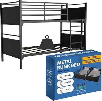 Greaton, Heavy Duty Metal Bunk Bed, Sturdy, Convert into 2 Individual Beds, for Commercial/Camps/Shelter, High Guard Rail, Easy Assembly, 30", Black