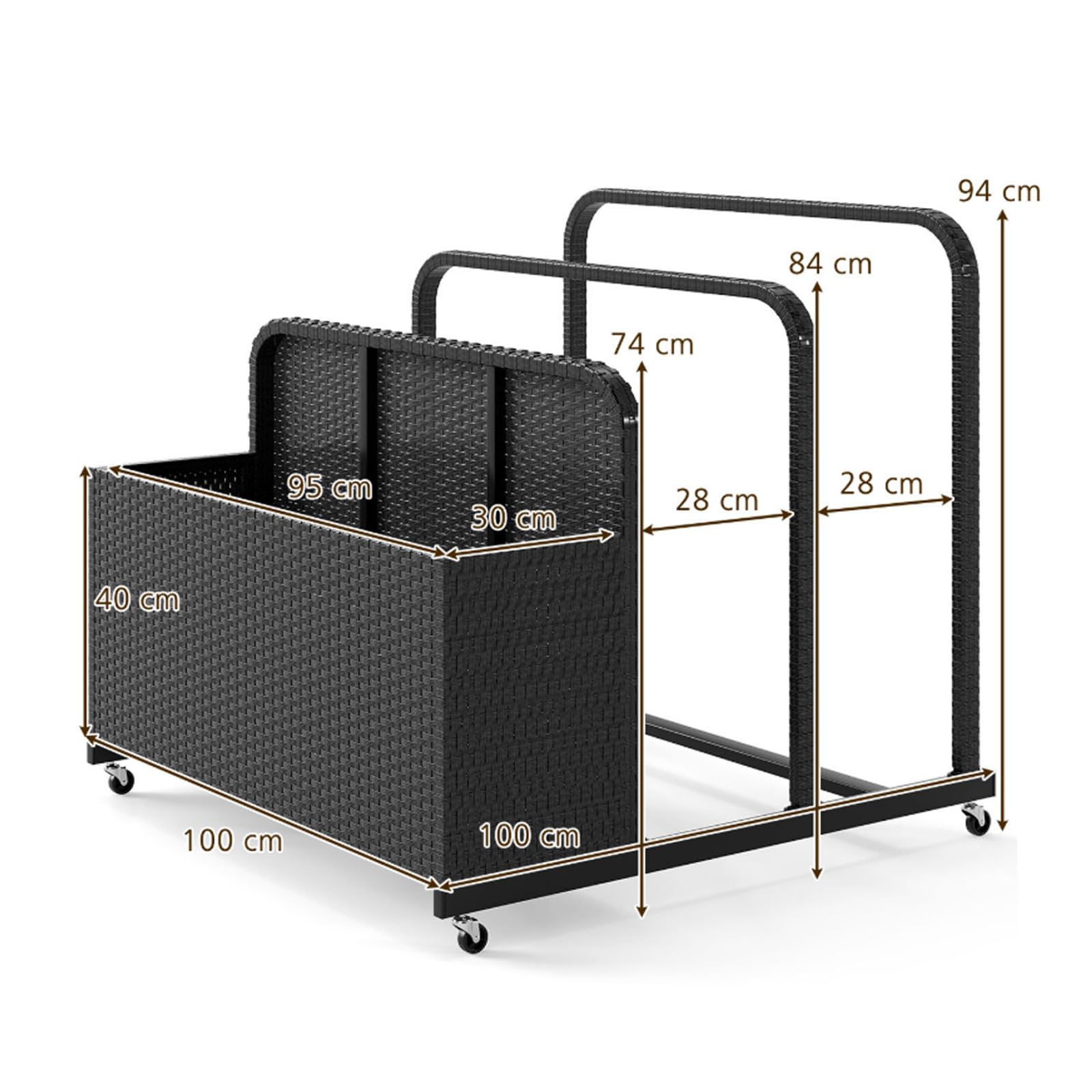 GIANTEX Carro de Almacenamiento para Piscina, Arcón Móvil con Cubo Abierto de Ratán y 2 Toalleros, 100 x 100 x 94 cm, Baúl de Exterior con 4 Ruedas para Salvavidas, Flotadores, Cojines (Negro)