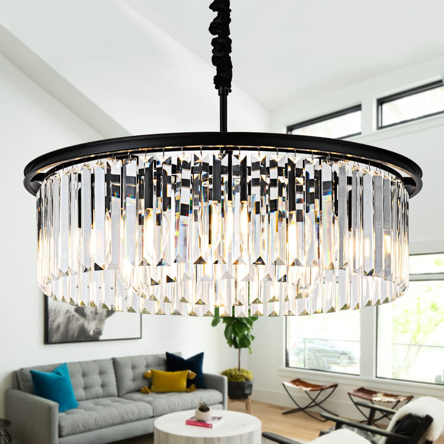 23" 8-Light Modern Crystal Chandelier Light Fixtures 2 Rings Black Luxury Chandeliers for Dining Room Round Hanging Pendant Lighting for Living Room Kitchen Entryway Bedroom