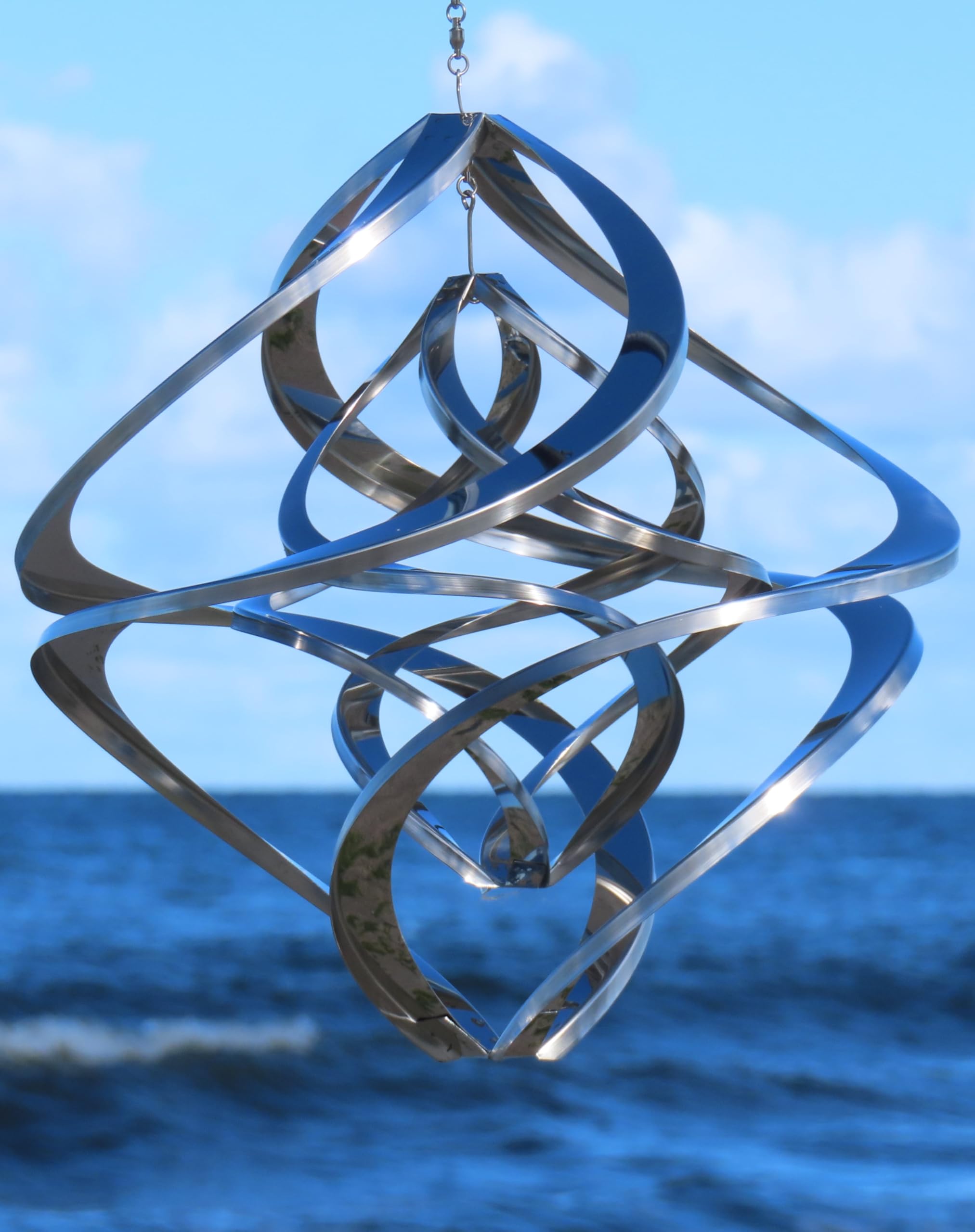 Pommerntraum ®| Windspiel Edelstahl Double-Twister Twister Rostfrei Spinner | Edelstahlwindspiel Winddancer Gartenkunst Gartendekoration Unruhe Gegenläufig Kinetik Gartenspinner (40 cm ohne Kristall XXL)